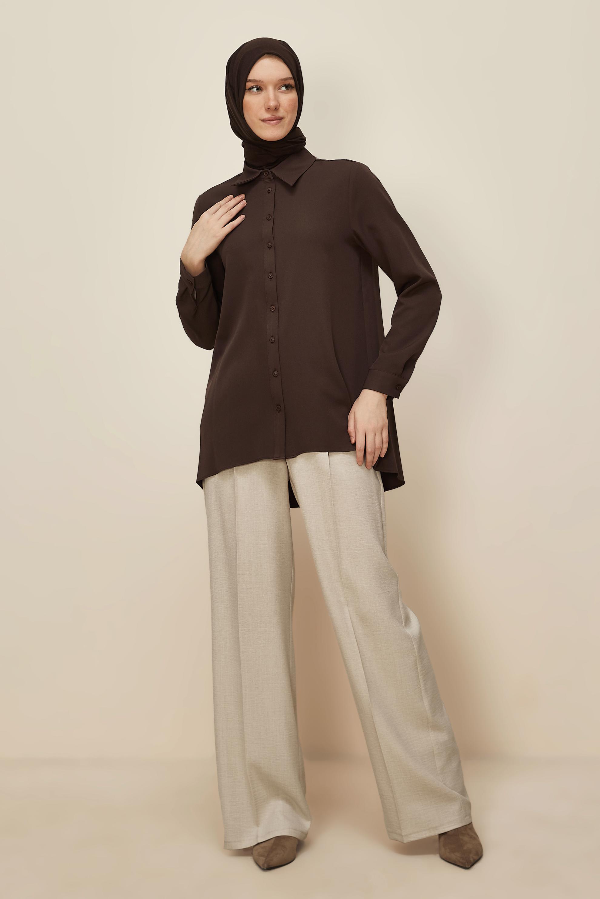 Tesettür giyim KAHVE GÖMLEK YAKA TUNİK 46079