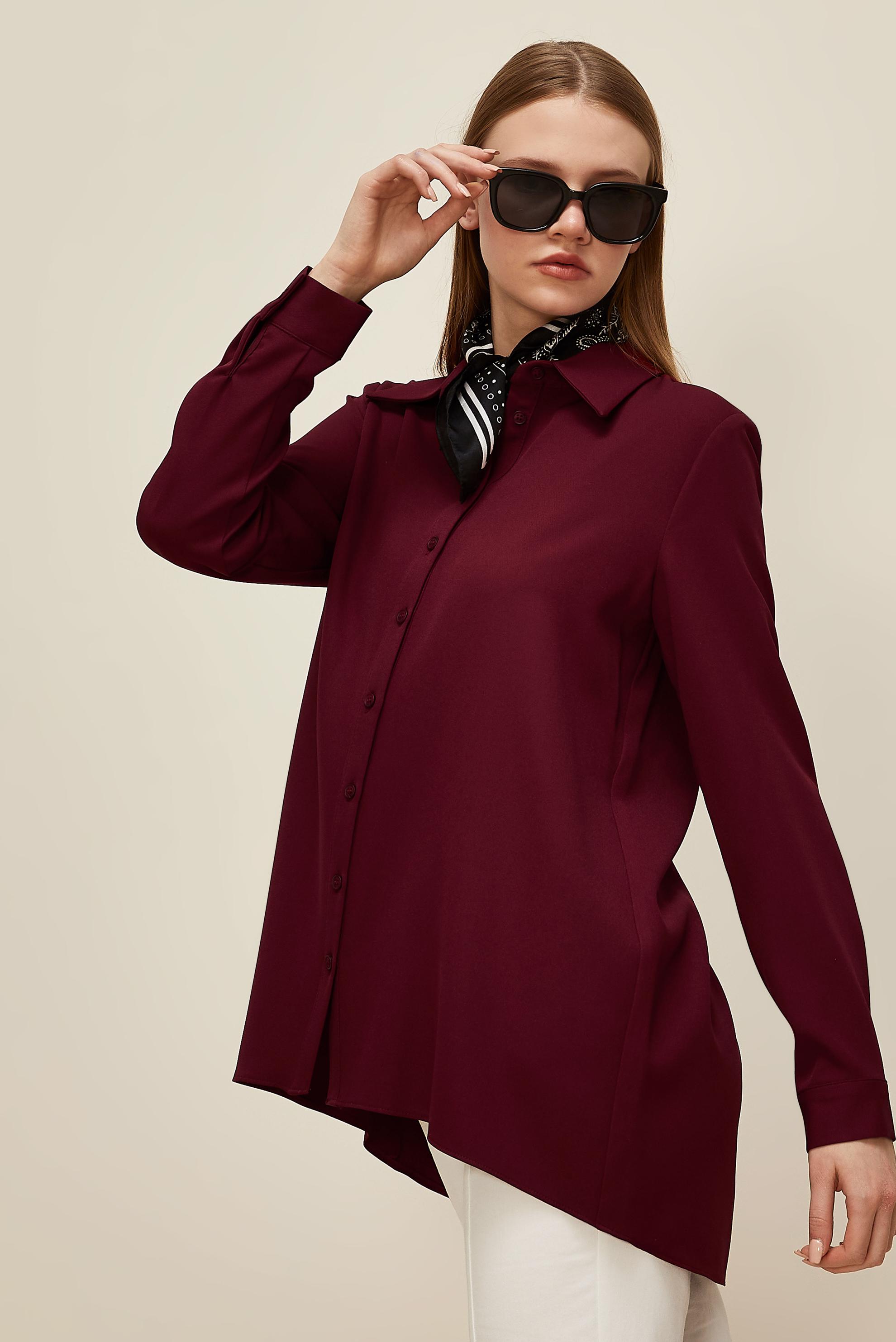 Tesettür giyim BORDO GÖMLEK YAKA TUNİK 46079