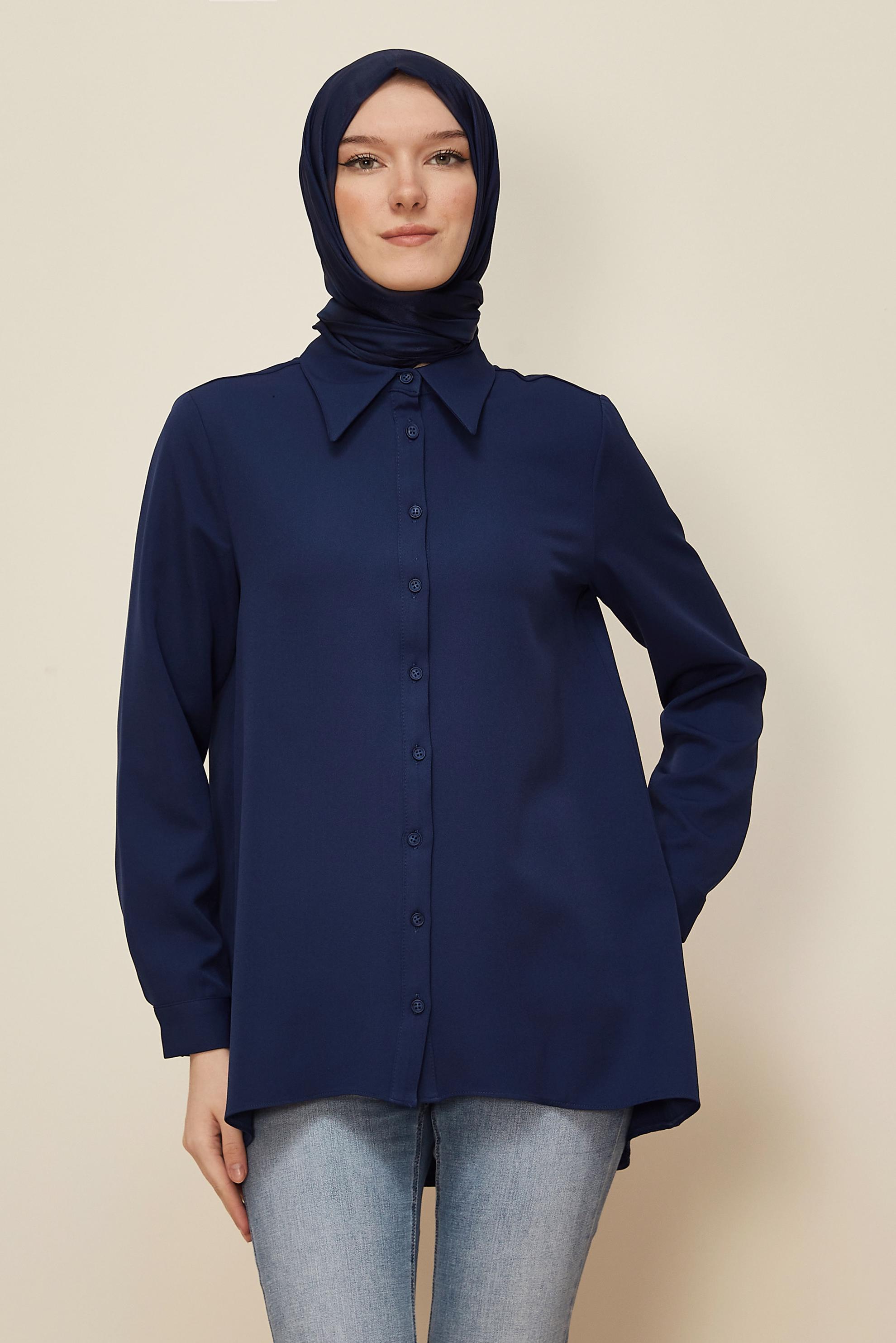 Tesettür giyim LACİVERT GÖMLEK YAKA TUNİK 46079