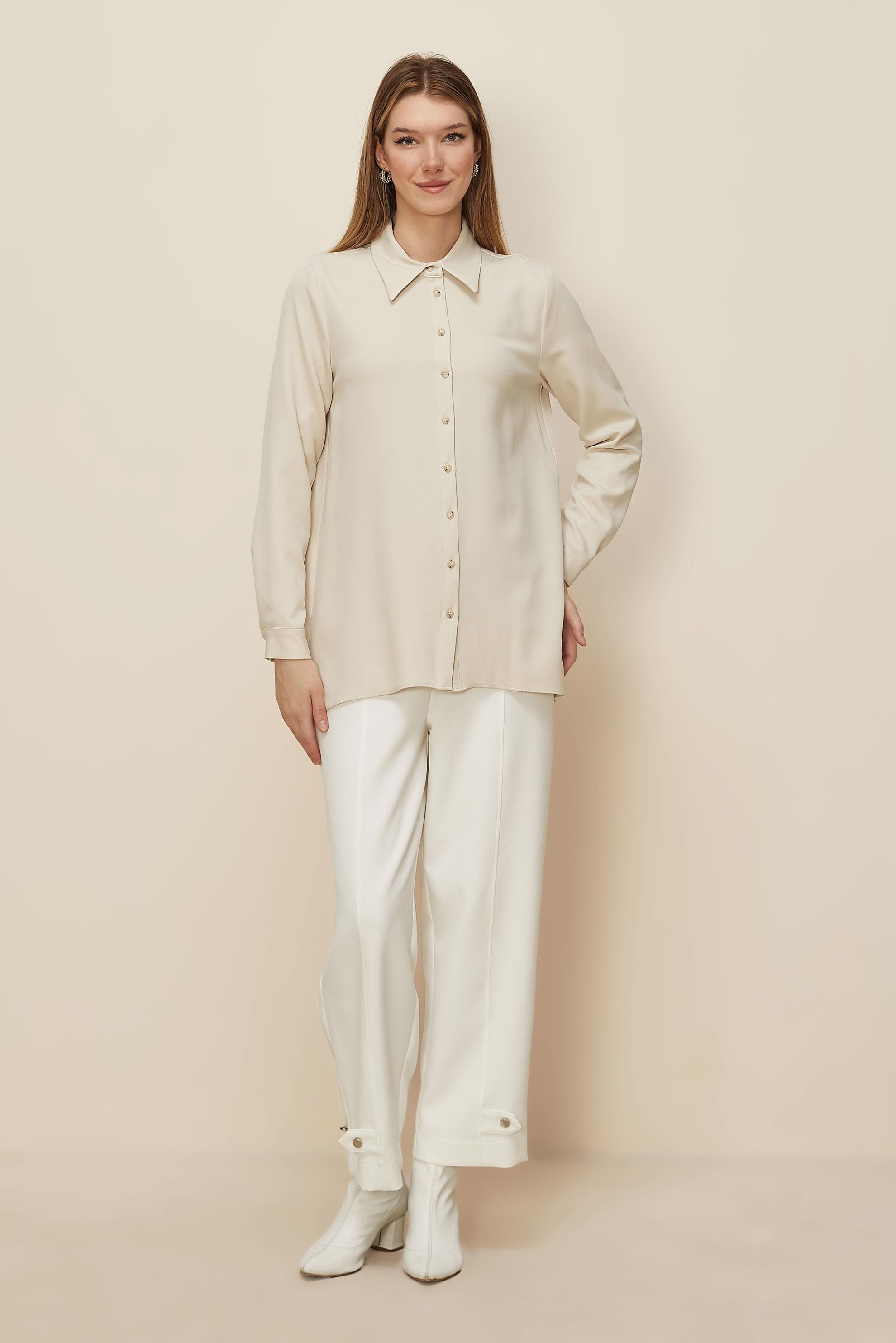 Tesettür giyim EKRU GÖMLEK YAKA TUNİK 46079