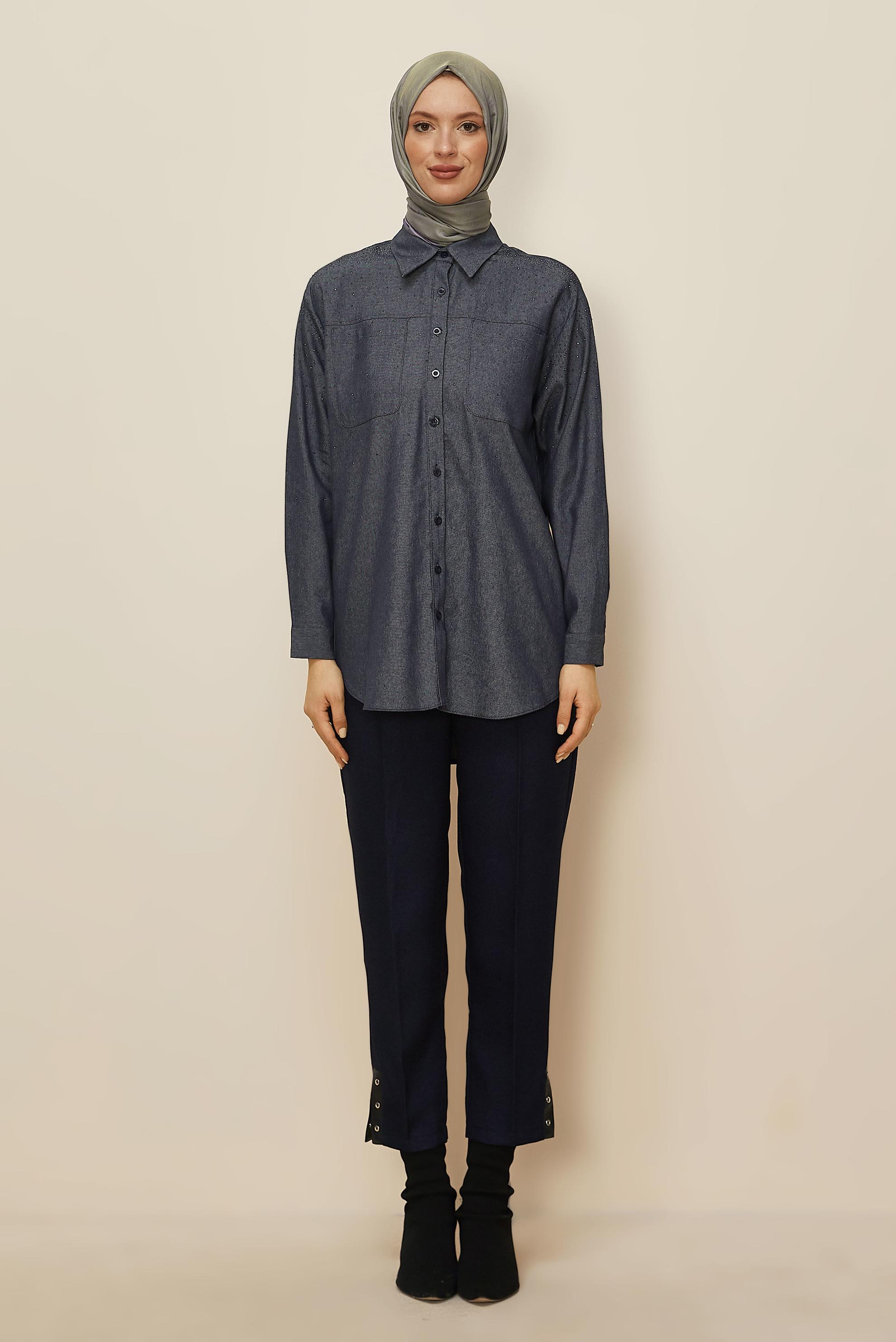 Tesettür giyim LACİVERT GÖMLEK YAKA TUNİK 46082