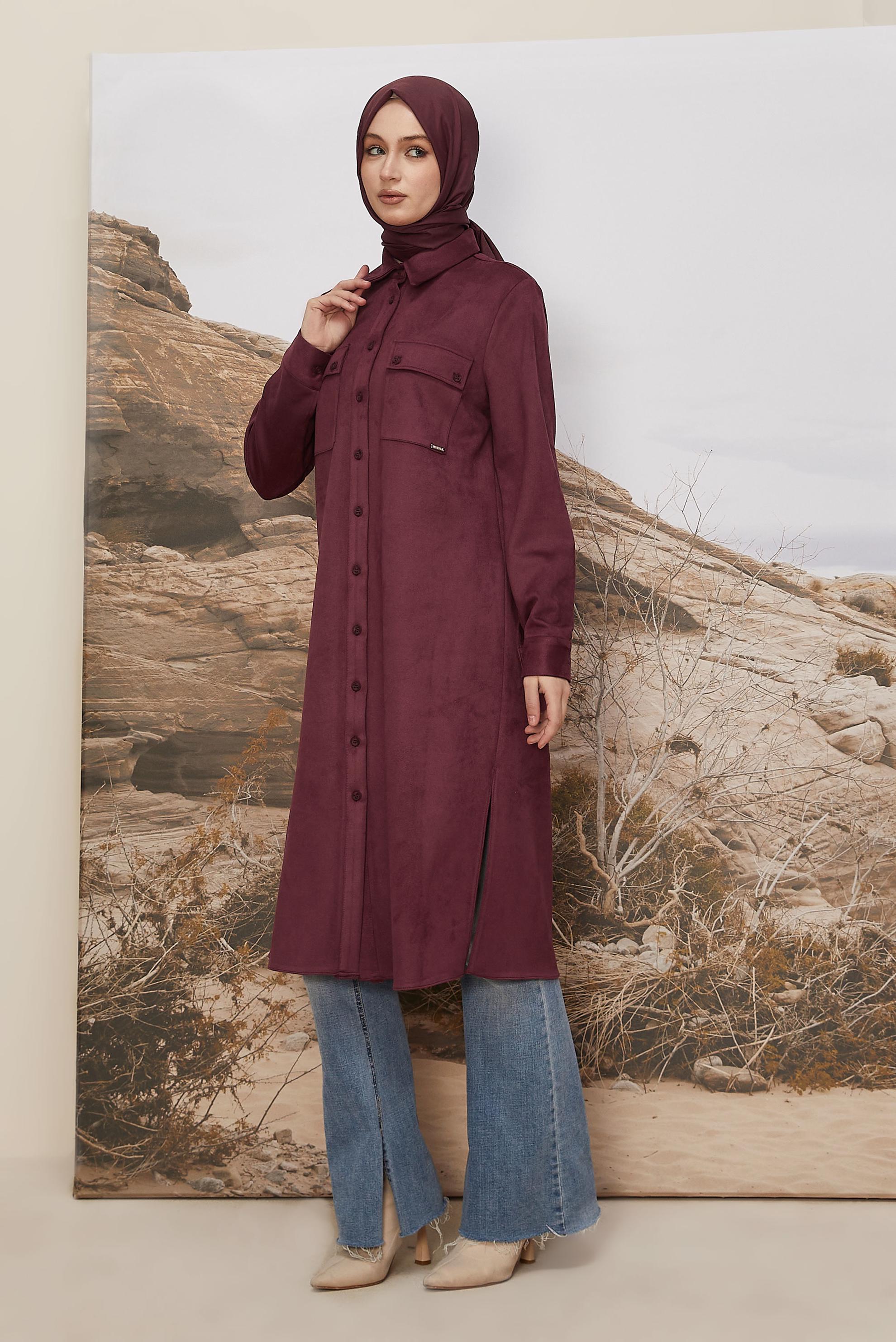 Tesettür giyim BORDO SÜET TUNİK 46086