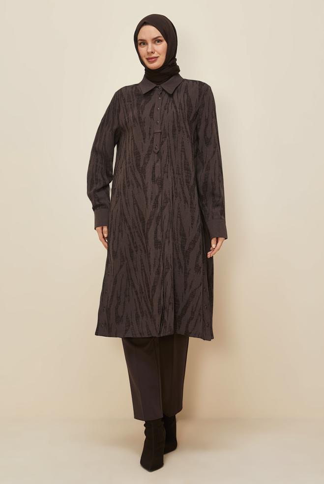 Tesettür giyim KAHVE JAKAR GÖMLEK TUNİK 46087 - ALVİNA