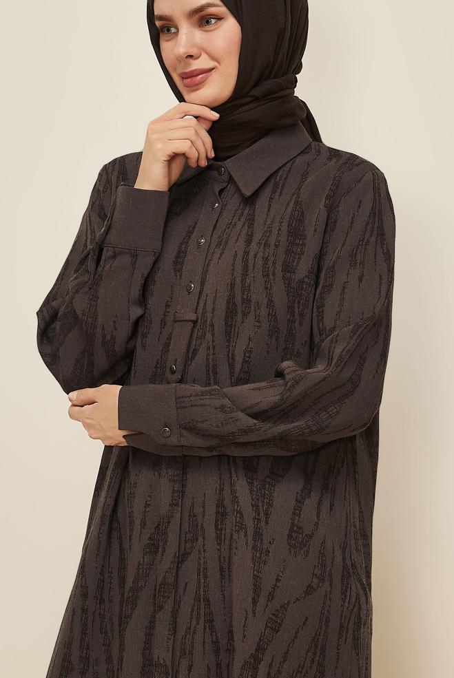 Tesettür giyim KAHVE JAKAR GÖMLEK TUNİK 46087 - ALVİNA