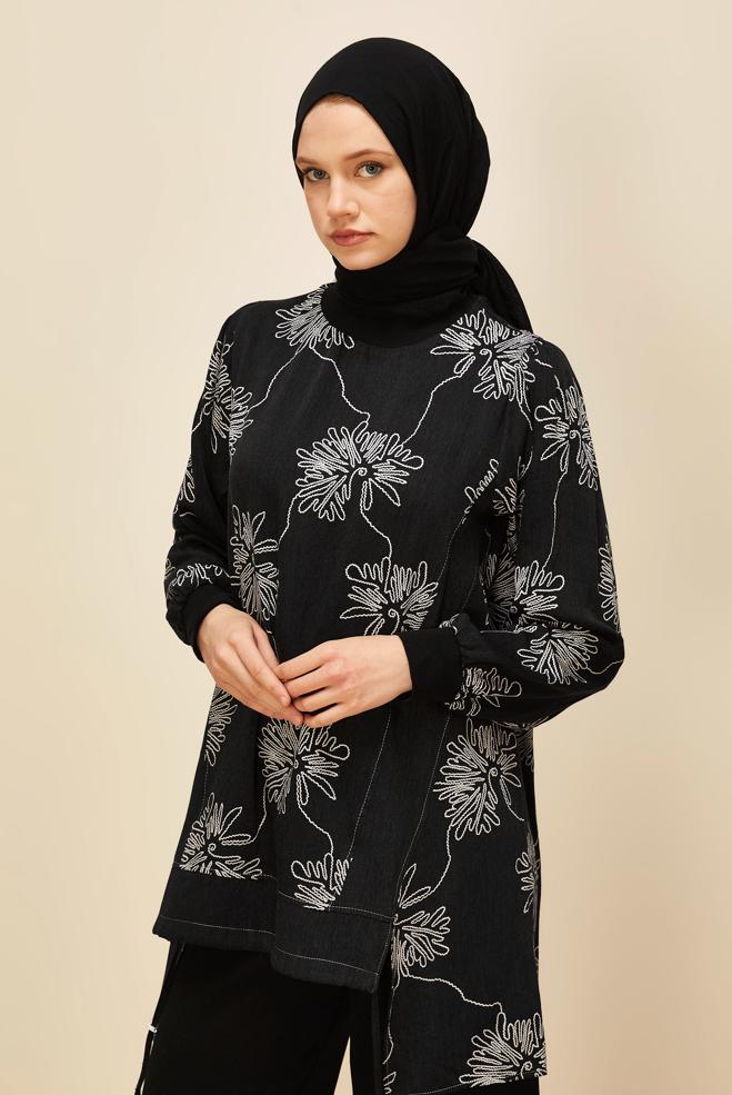 Vêtements hijab NOIR TUNIQUE À MOTIFS 46089 - ALVİNA