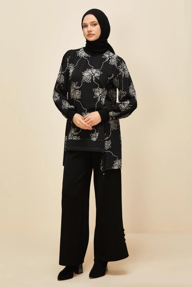 Vêtements hijab NOIR TUNIQUE À MOTIFS 46089 - ALVİNA