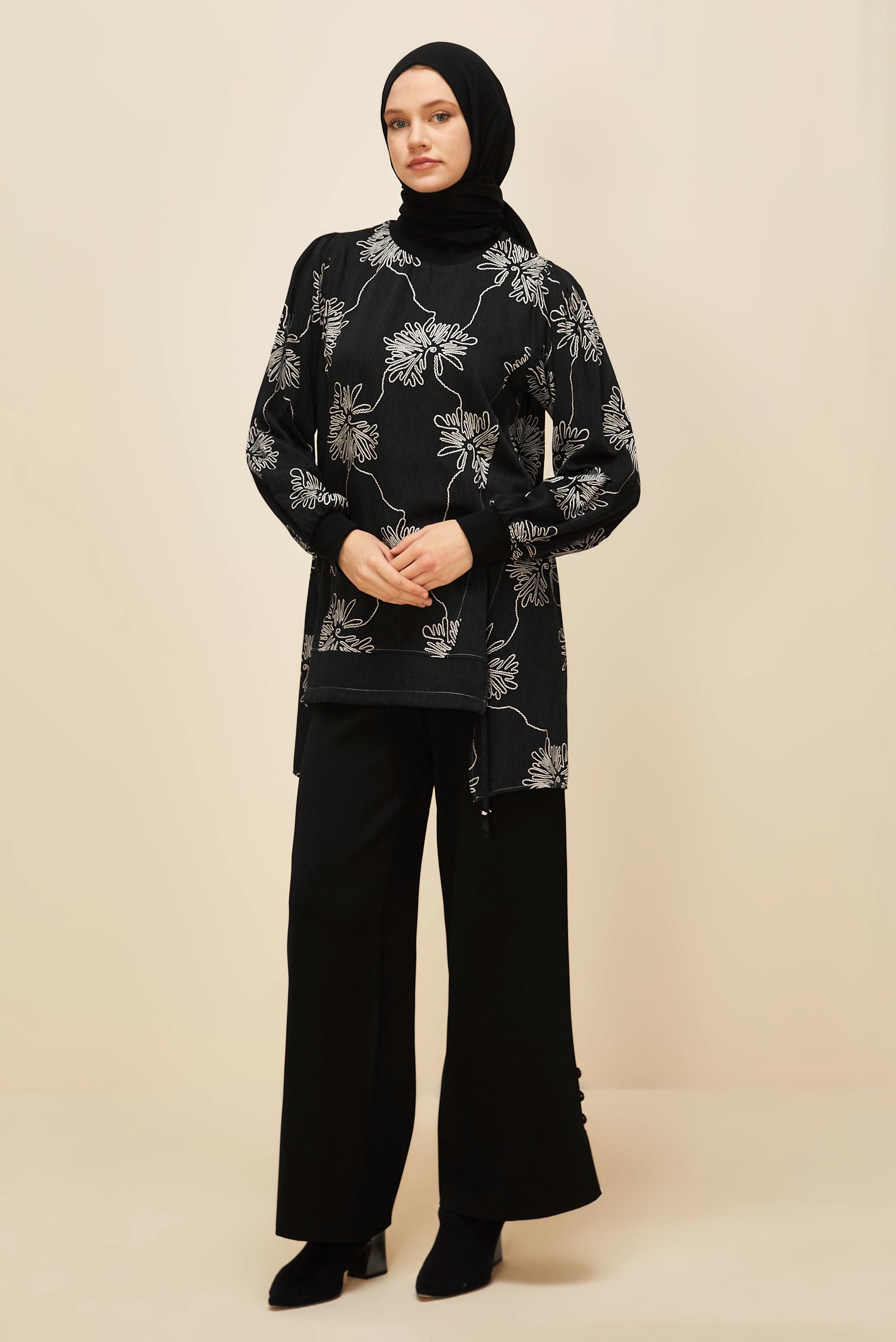 Tesettür giyim SİYAH DESENLİ TUNİK 46089