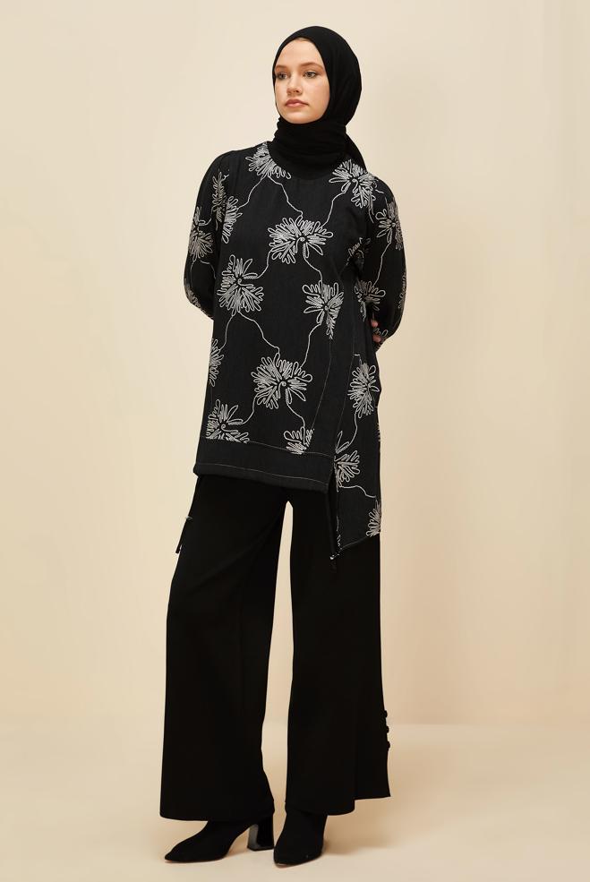 Vêtements hijab NOIR TUNIQUE À MOTIFS 46089 - ALVİNA