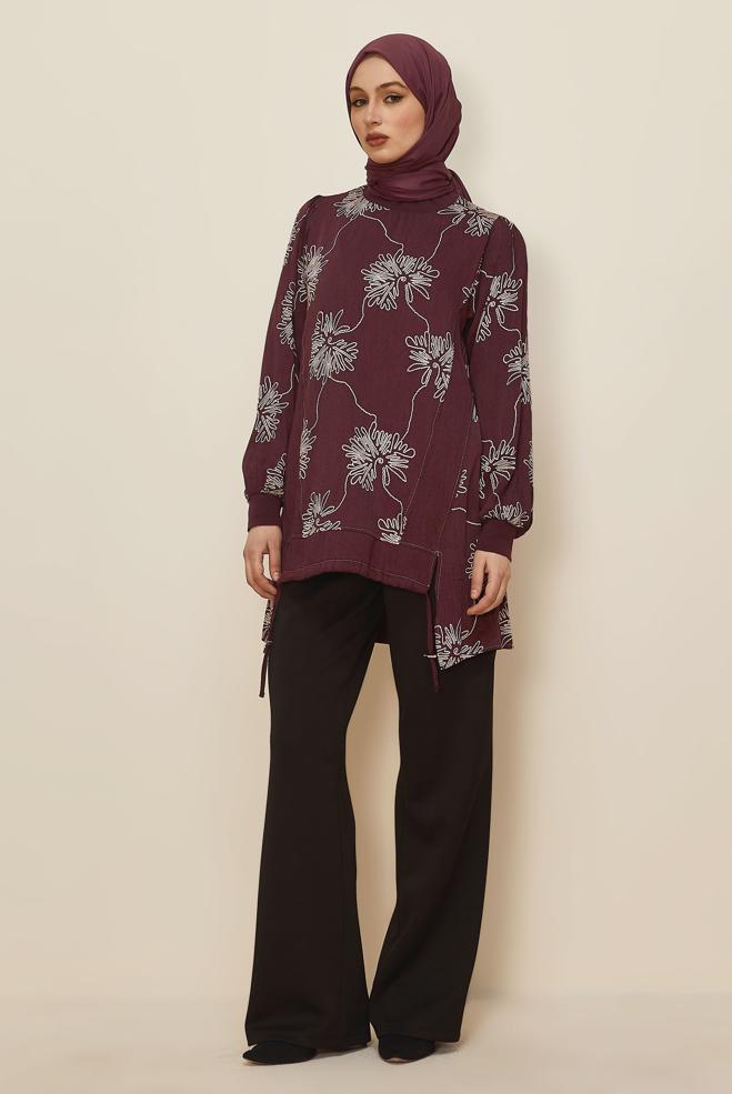 Hijab clothing CLARET RED PATTERNED TUNIC 46089 - ALVİNA
