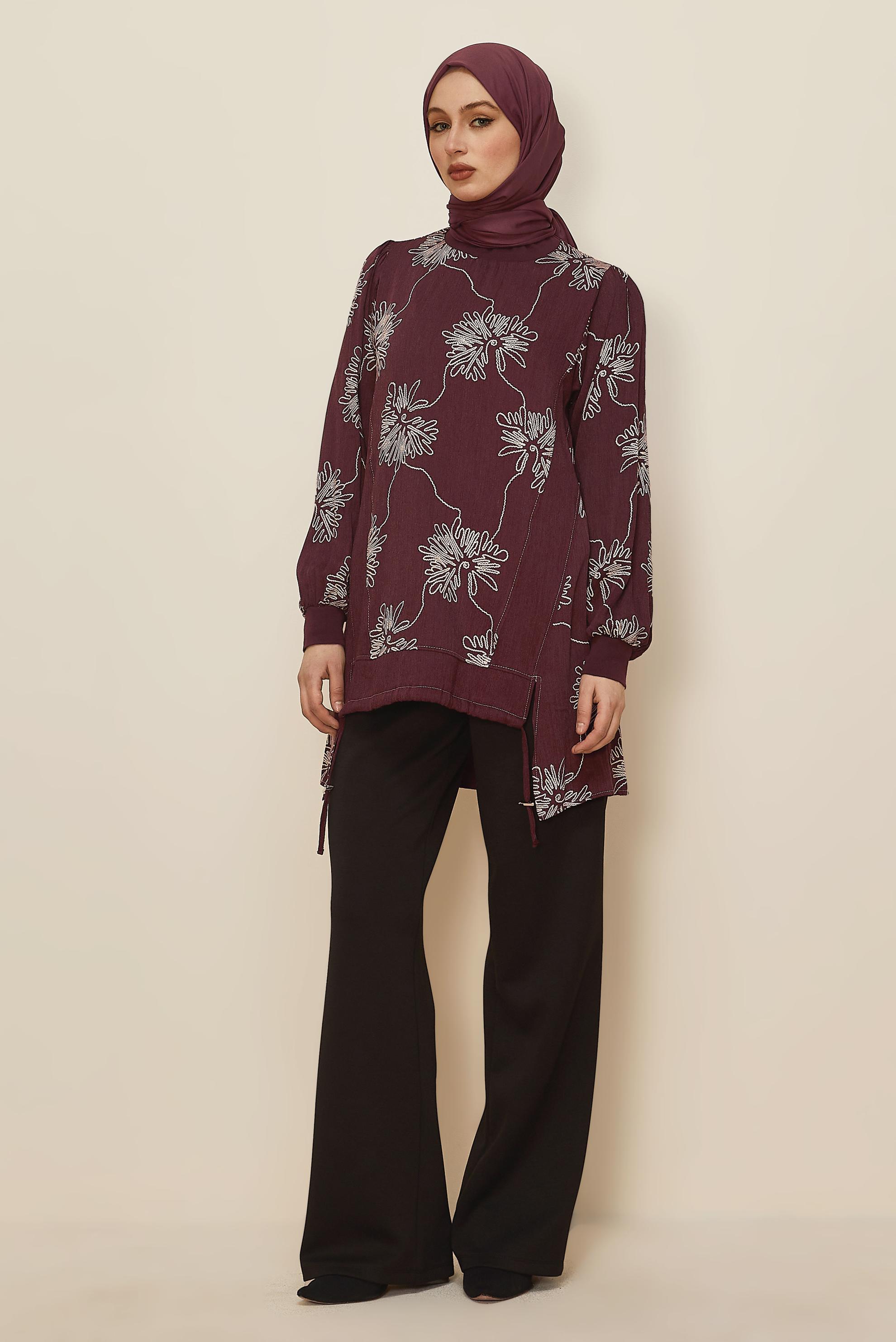 Hijab clothing CLARET RED PATTERNED TUNIC 46089