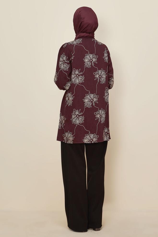Hijab clothing CLARET RED PATTERNED TUNIC 46089 - ALVİNA