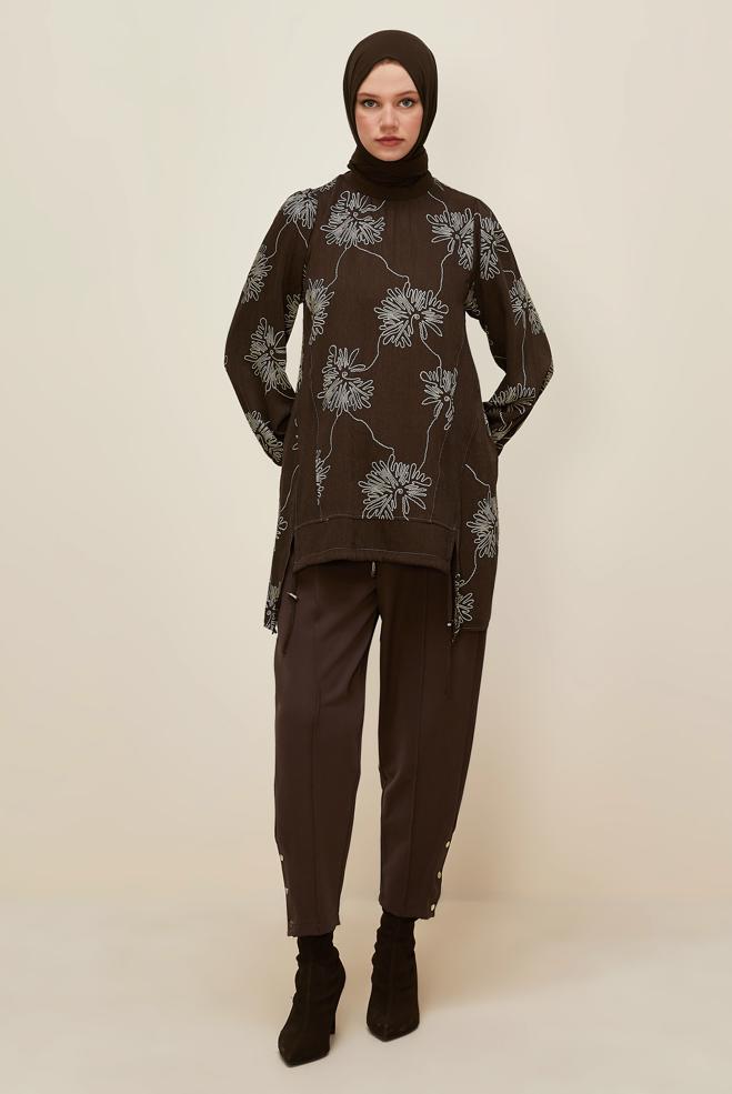 Tesettür giyim KAHVE DESENLİ TUNİK 46089 - ALVİNA