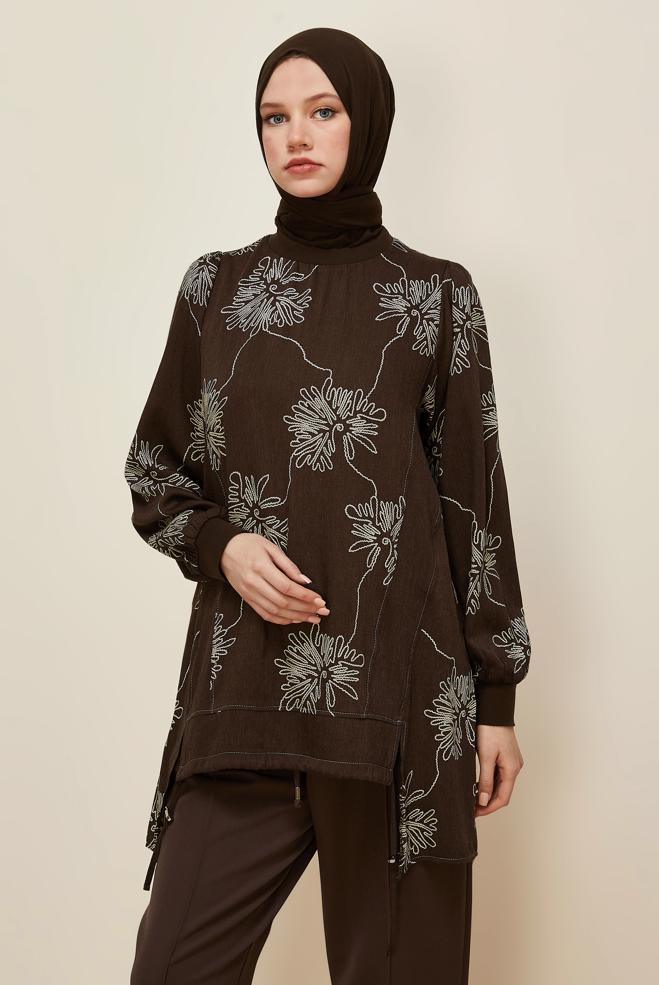 Tesettür giyim KAHVE DESENLİ TUNİK 46089 - ALVİNA
