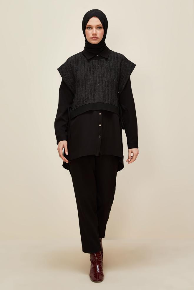 Vêtements hijab NOIR TUNIQUE AVEC CHEMISE 46098 - ALVİNA