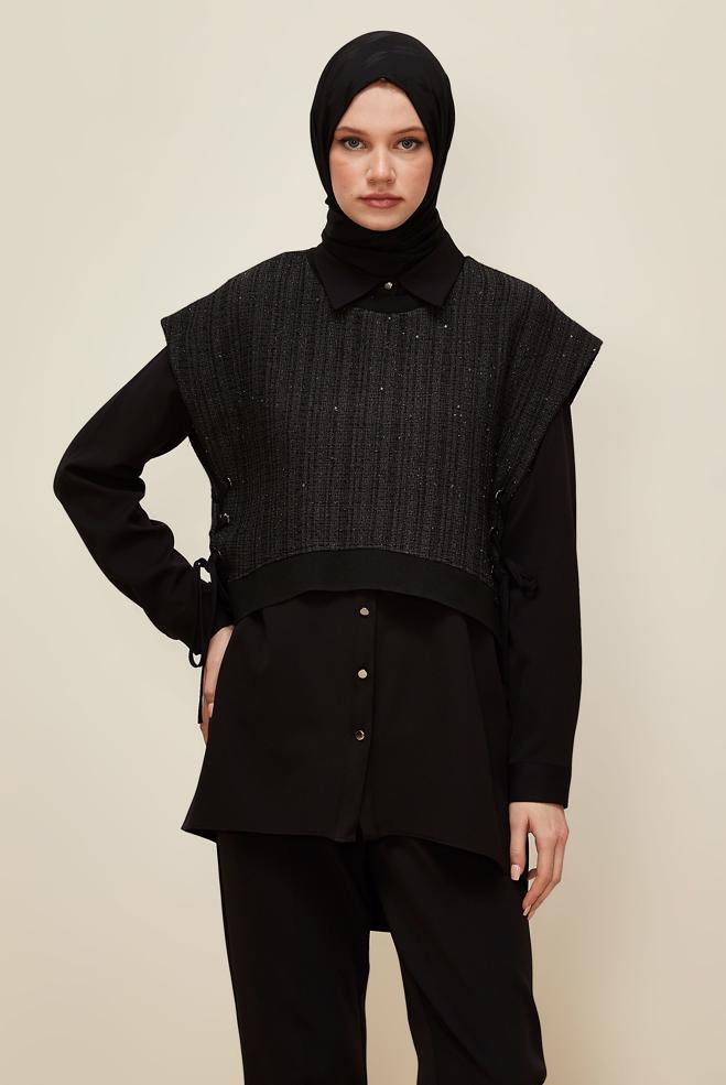 Vêtements hijab NOIR TUNIQUE AVEC CHEMISE 46098 - ALVİNA