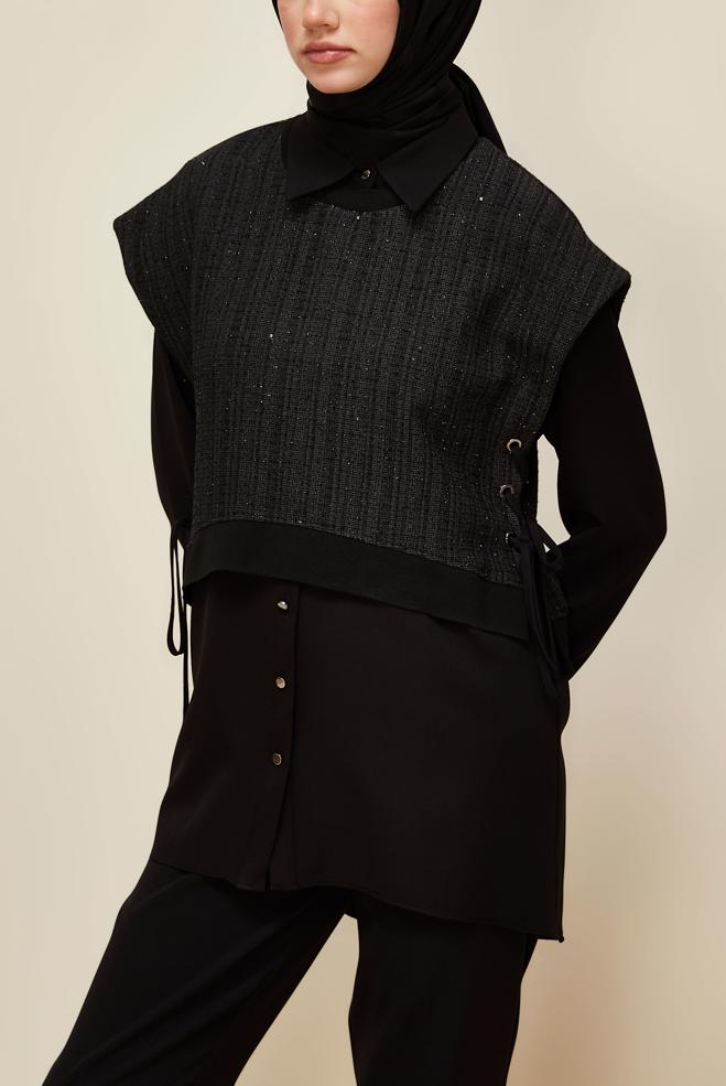 Vêtements hijab NOIR TUNIQUE AVEC CHEMISE 46098 - ALVİNA