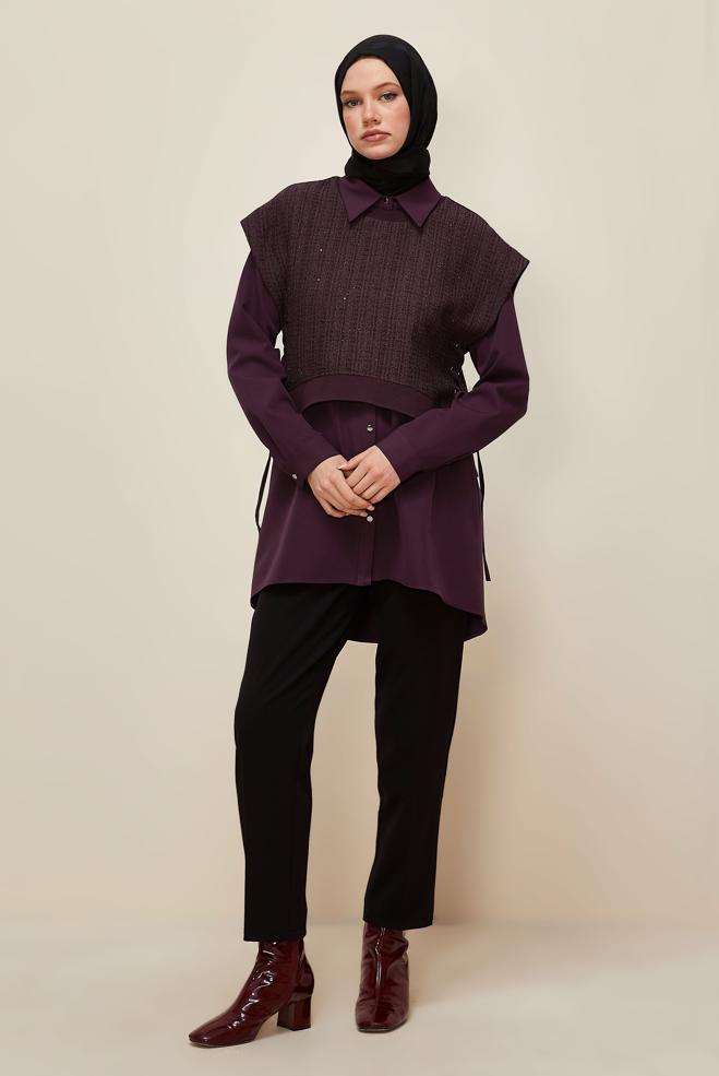 Vêtements hijab ROUGE BORDEAUX TUNIQUE AVEC CHEMISE 46098 - ALVİNA