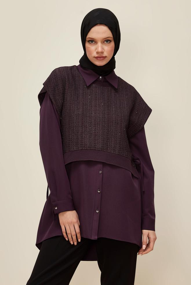 Vêtements hijab ROUGE BORDEAUX TUNIQUE AVEC CHEMISE 46098 - ALVİNA