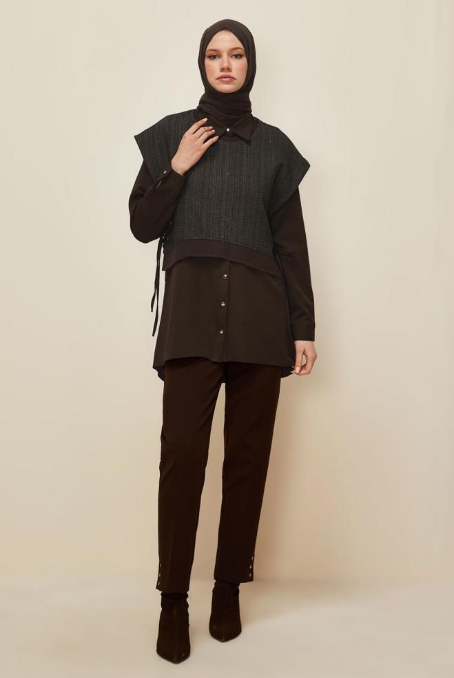 Vêtements hijab BRUN TUNIQUE AVEC CHEMISE 46098 - ALVİNA