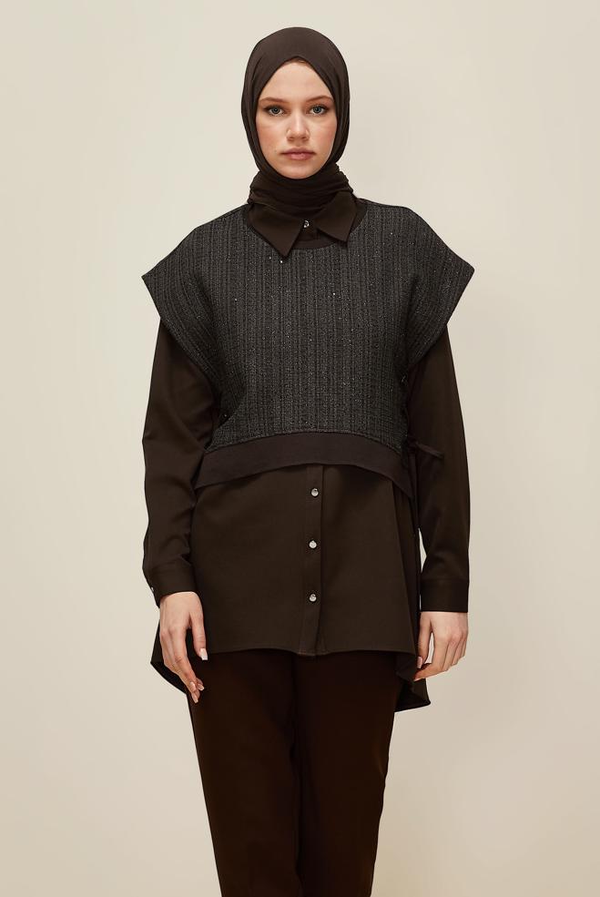 Vêtements hijab BRUN TUNIQUE AVEC CHEMISE 46098 - ALVİNA