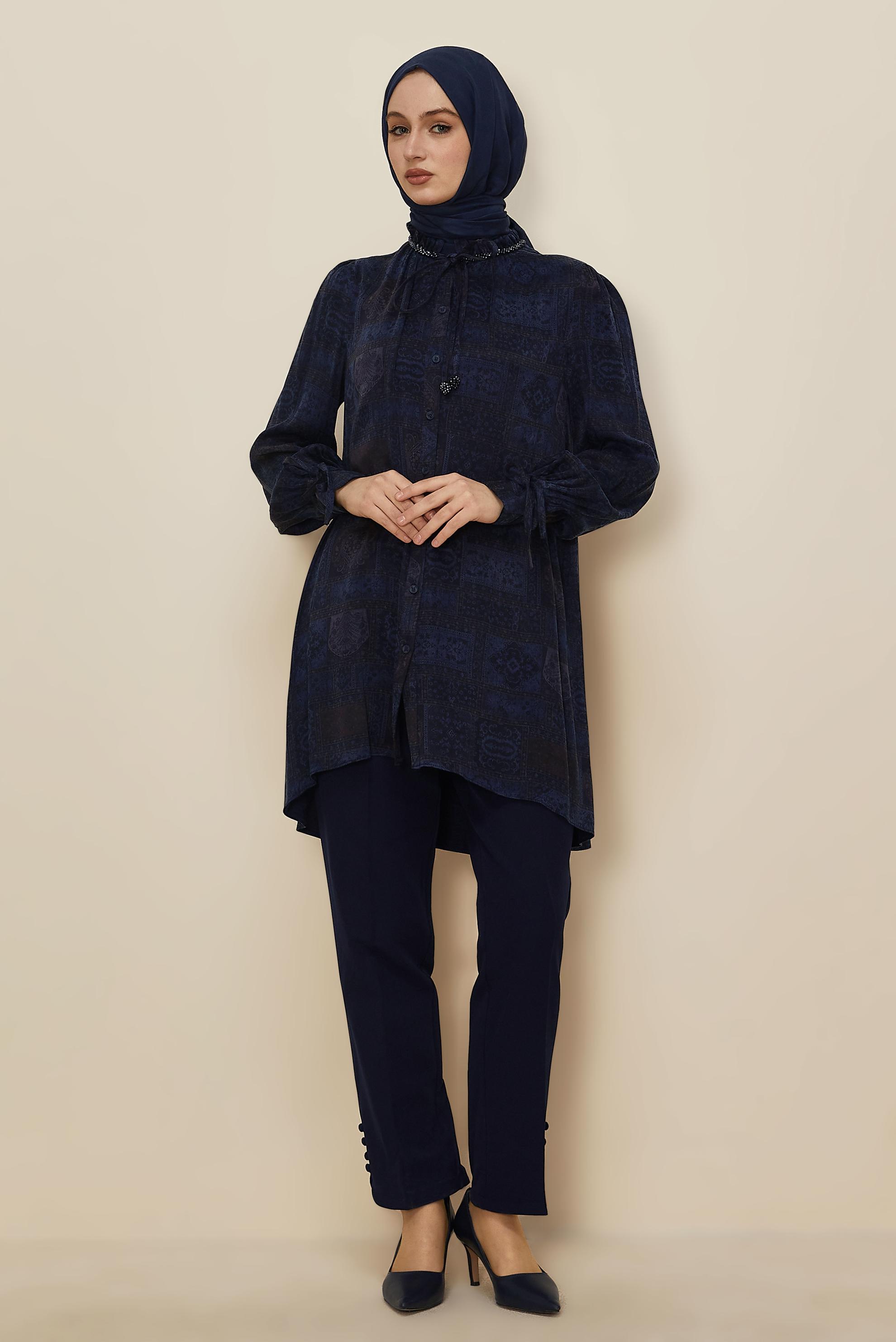 Tesettür giyim LACİVERT BAĞCIK DETAYLI TUNİK 46115