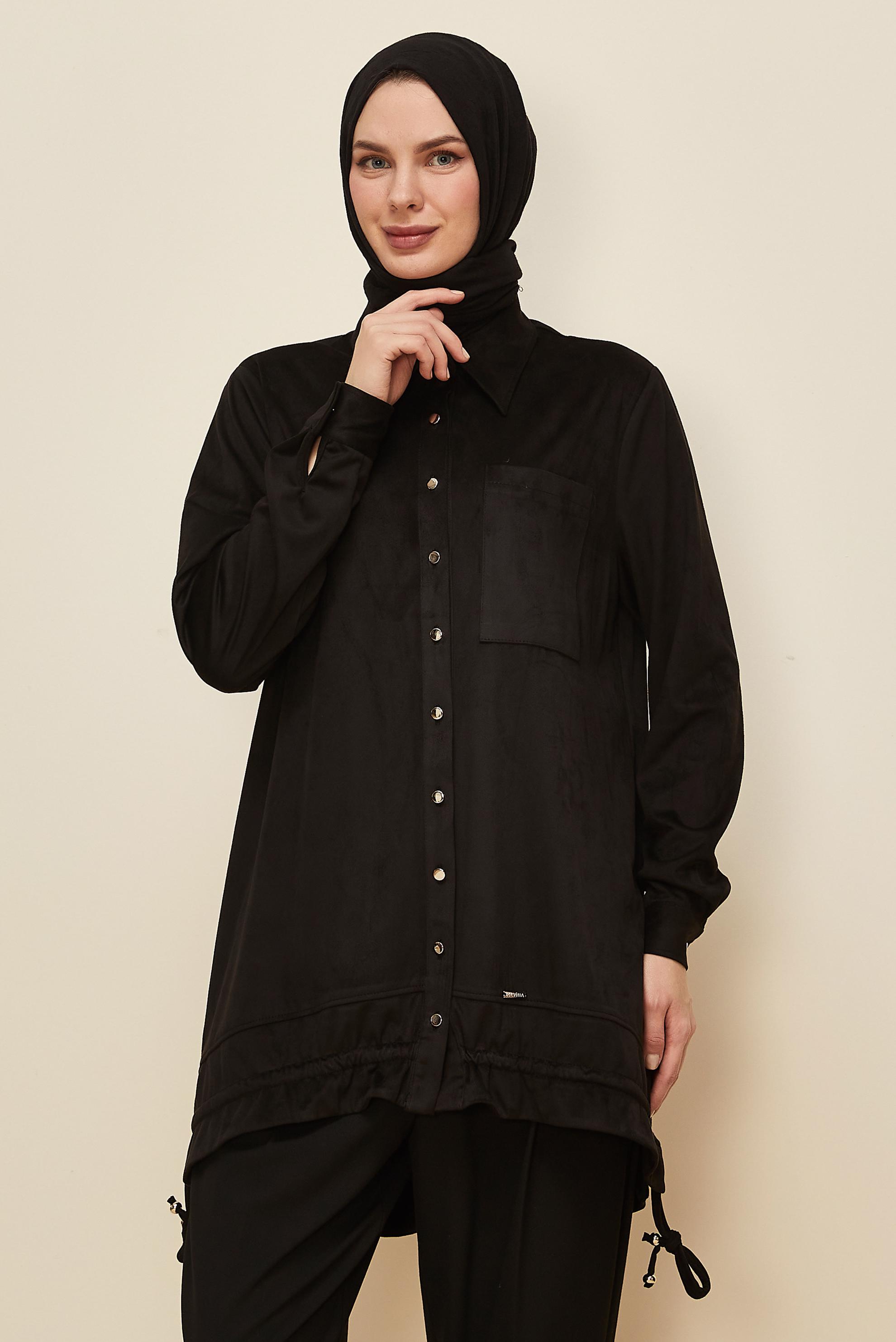 Tesettür giyim SİYAH GÖMLEK YAKA SÜET TUNİK 46116