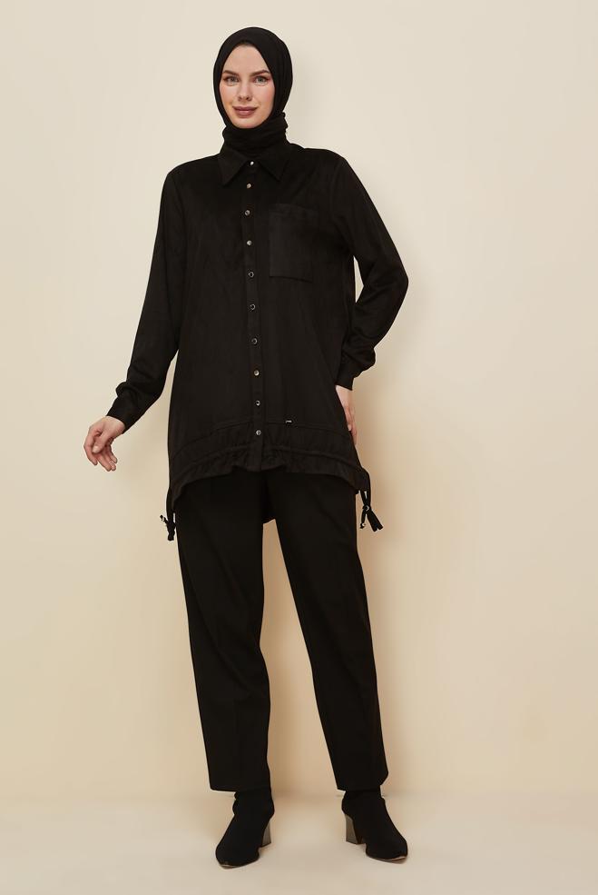 Tesettür giyim SİYAH GÖMLEK YAKA SÜET TUNİK 46116 - ALVİNA