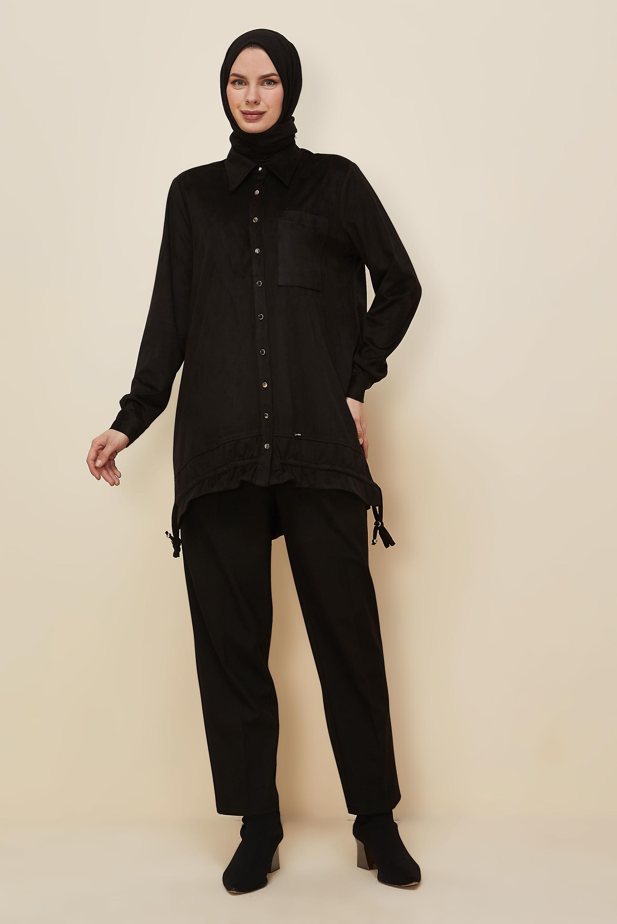 Tesettür giyim SİYAH GÖMLEK YAKA SÜET TUNİK 46116