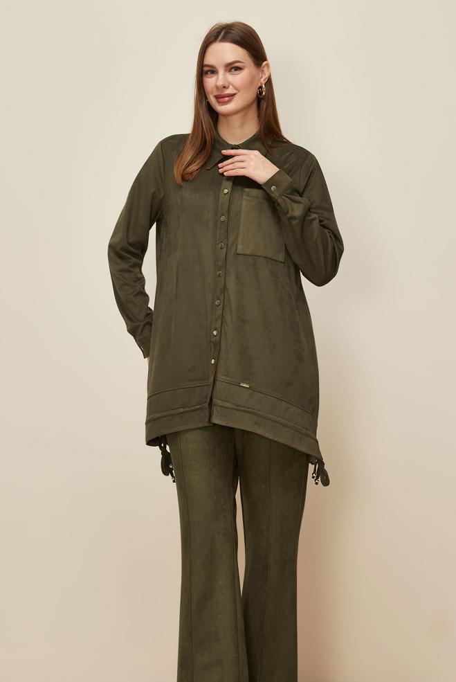 Tesettür giyim HAKİ GÖMLEK YAKA SÜET TUNİK 46116 - ALVİNA