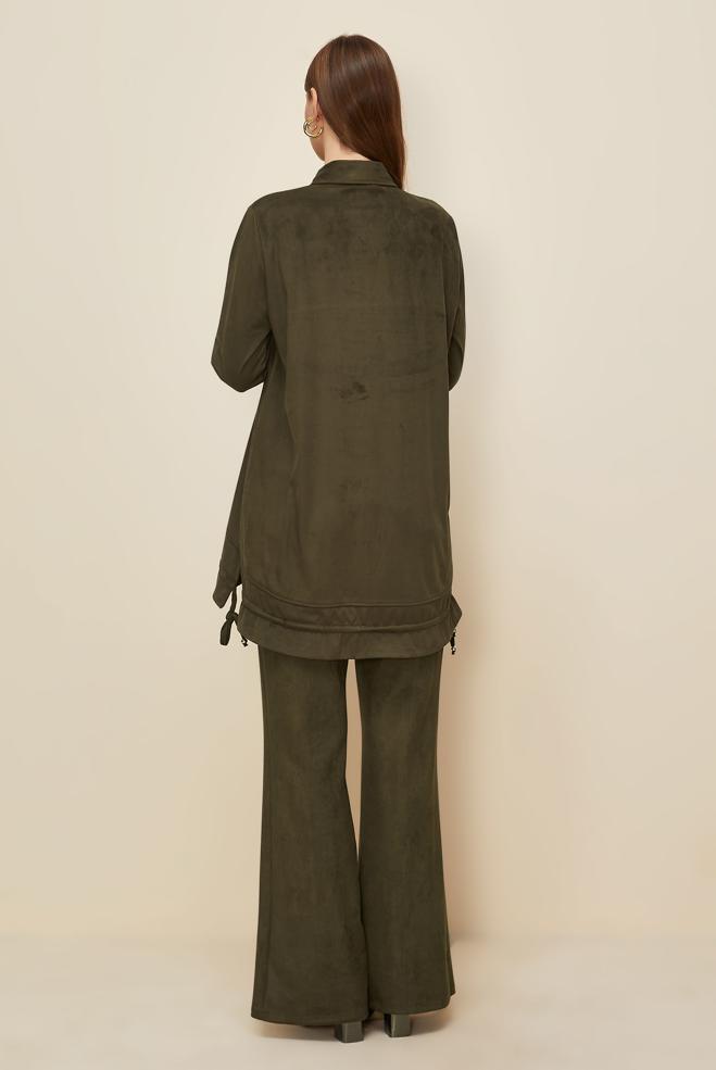 Tesettür giyim HAKİ GÖMLEK YAKA SÜET TUNİK 46116 - ALVİNA