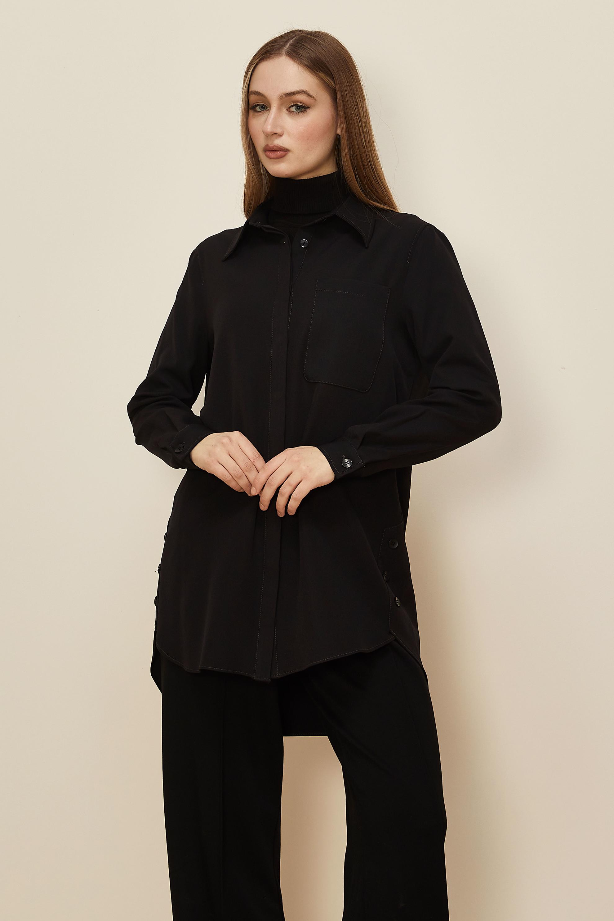 Tesettür giyim SİYAH GÖMLEK YAKA TUNİK 46117