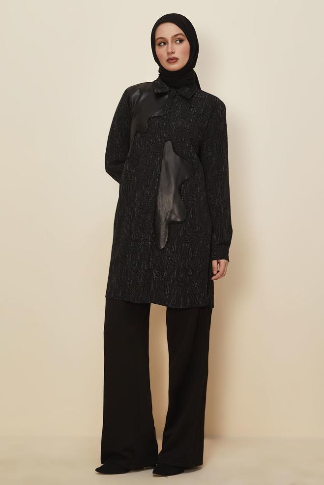 Hijab clothing BLACK FAUX-LEATHER DETAILED TUNIC 46124 - ALVİNA
