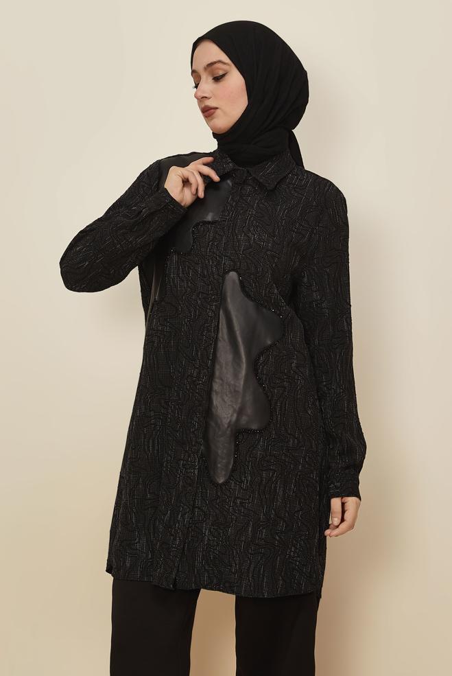 Hijab clothing BLACK FAUX-LEATHER DETAILED TUNIC 46124 - ALVİNA