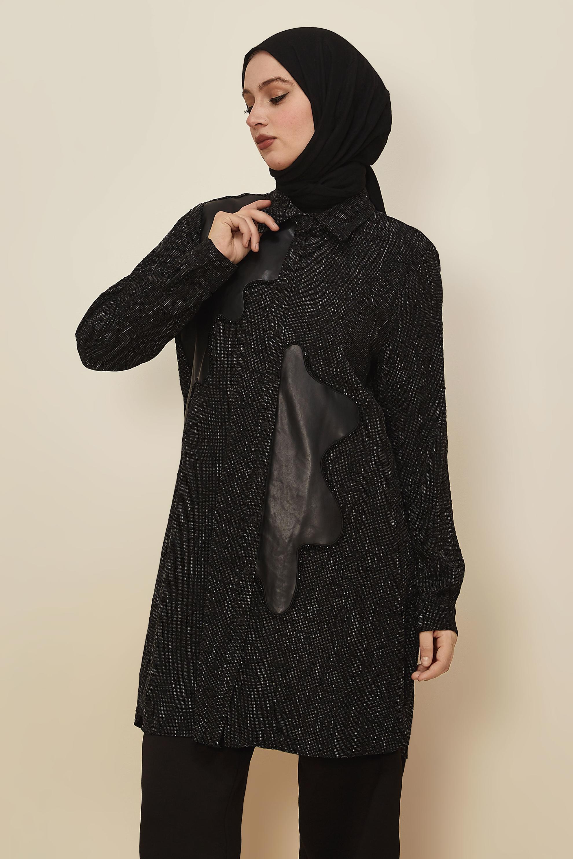 Hijab clothing BLACK FAUX-LEATHER DETAILED TUNIC 46124