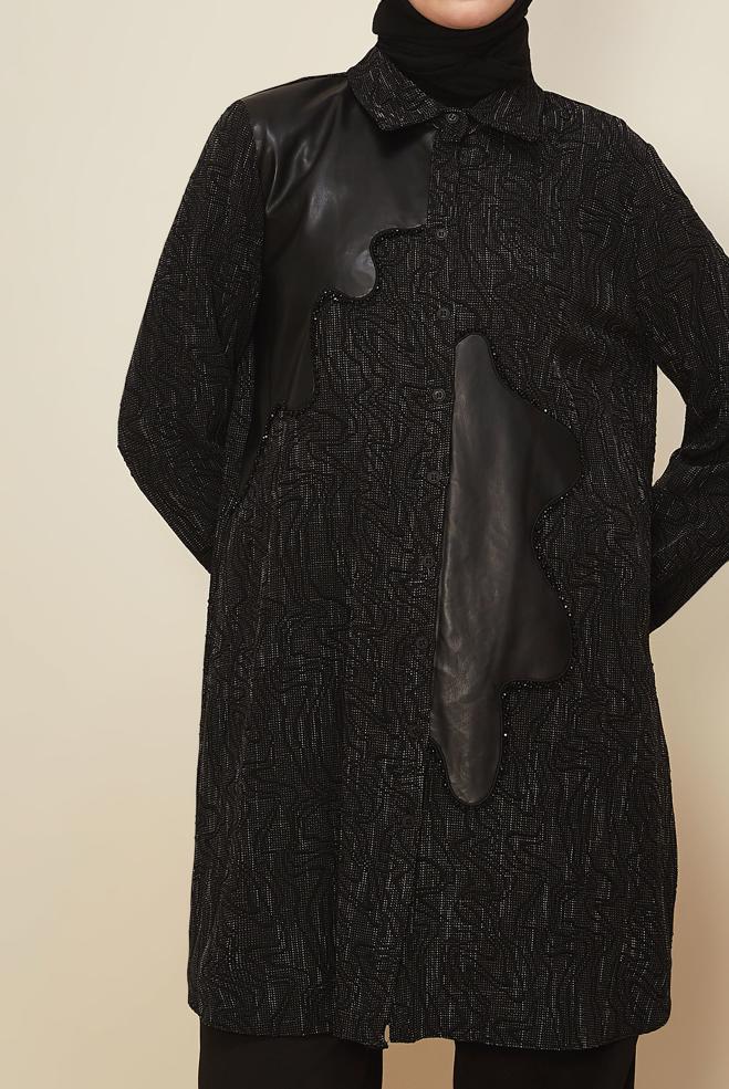 Hijab clothing BLACK FAUX-LEATHER DETAILED TUNIC 46124 - ALVİNA
