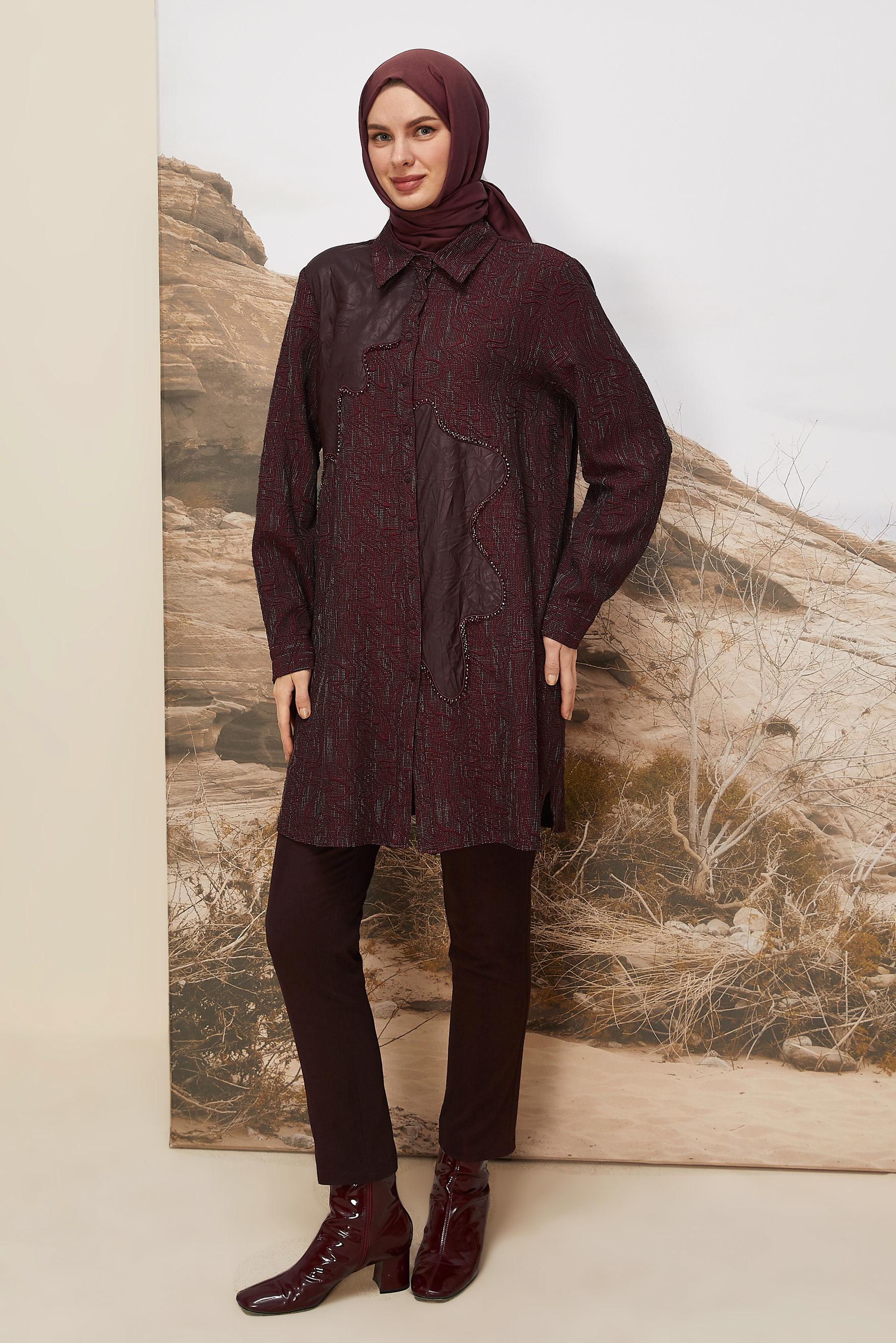 Tesettür giyim BORDO SUNİ DERİ DETAYLI TUNİK 46124