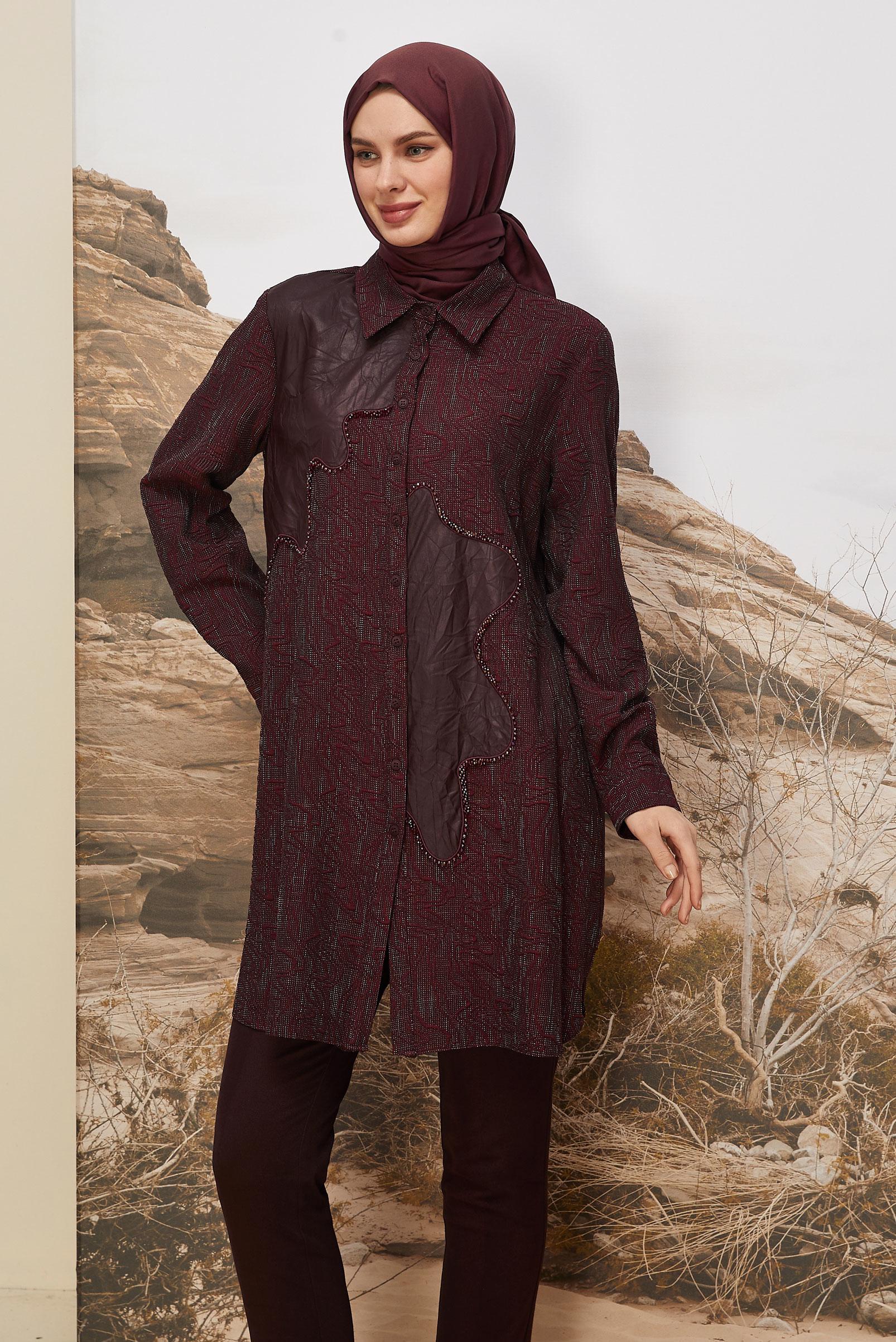 Tesettür giyim BORDO SUNİ DERİ DETAYLI TUNİK 46124