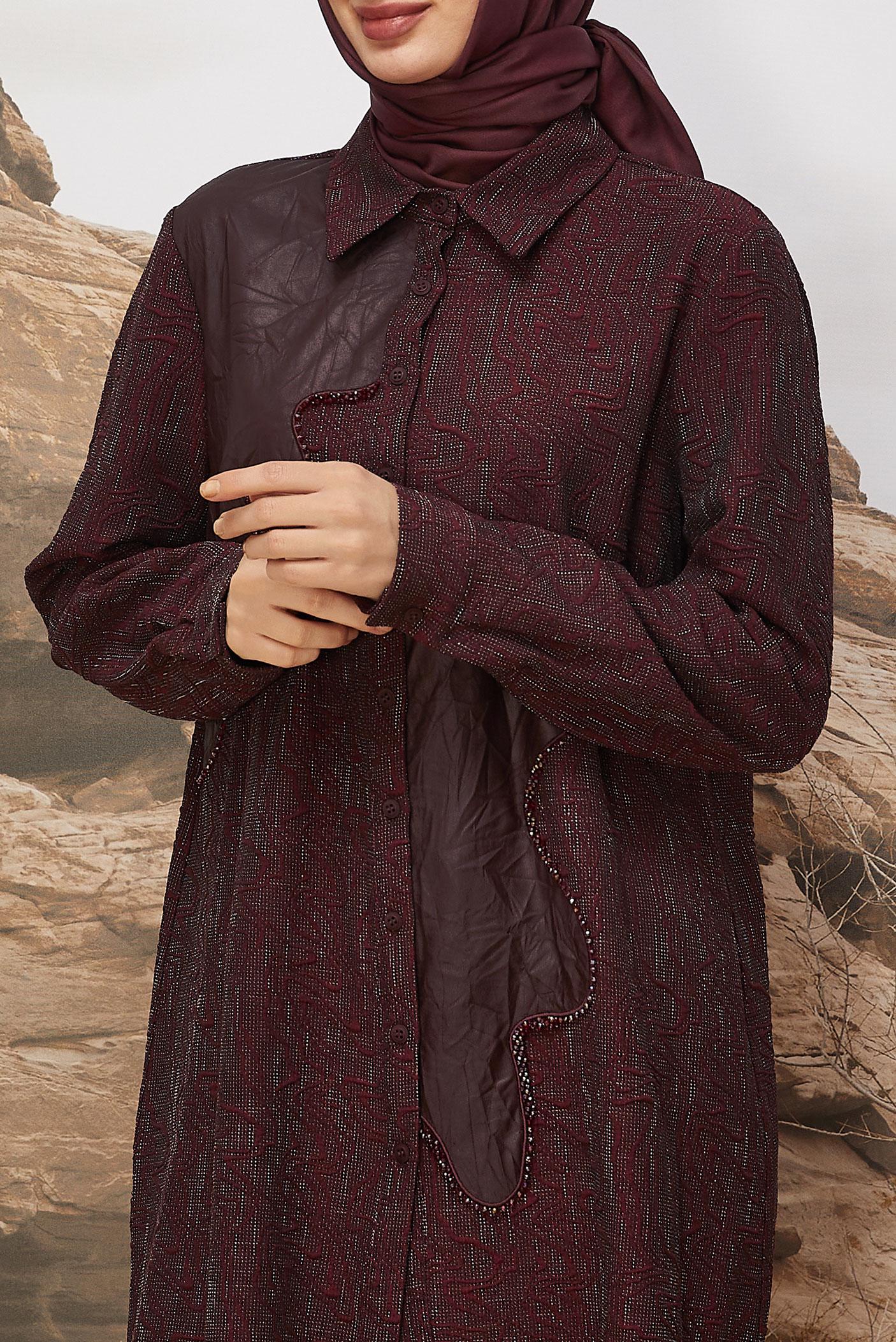 Tesettür giyim BORDO SUNİ DERİ DETAYLI TUNİK 46124