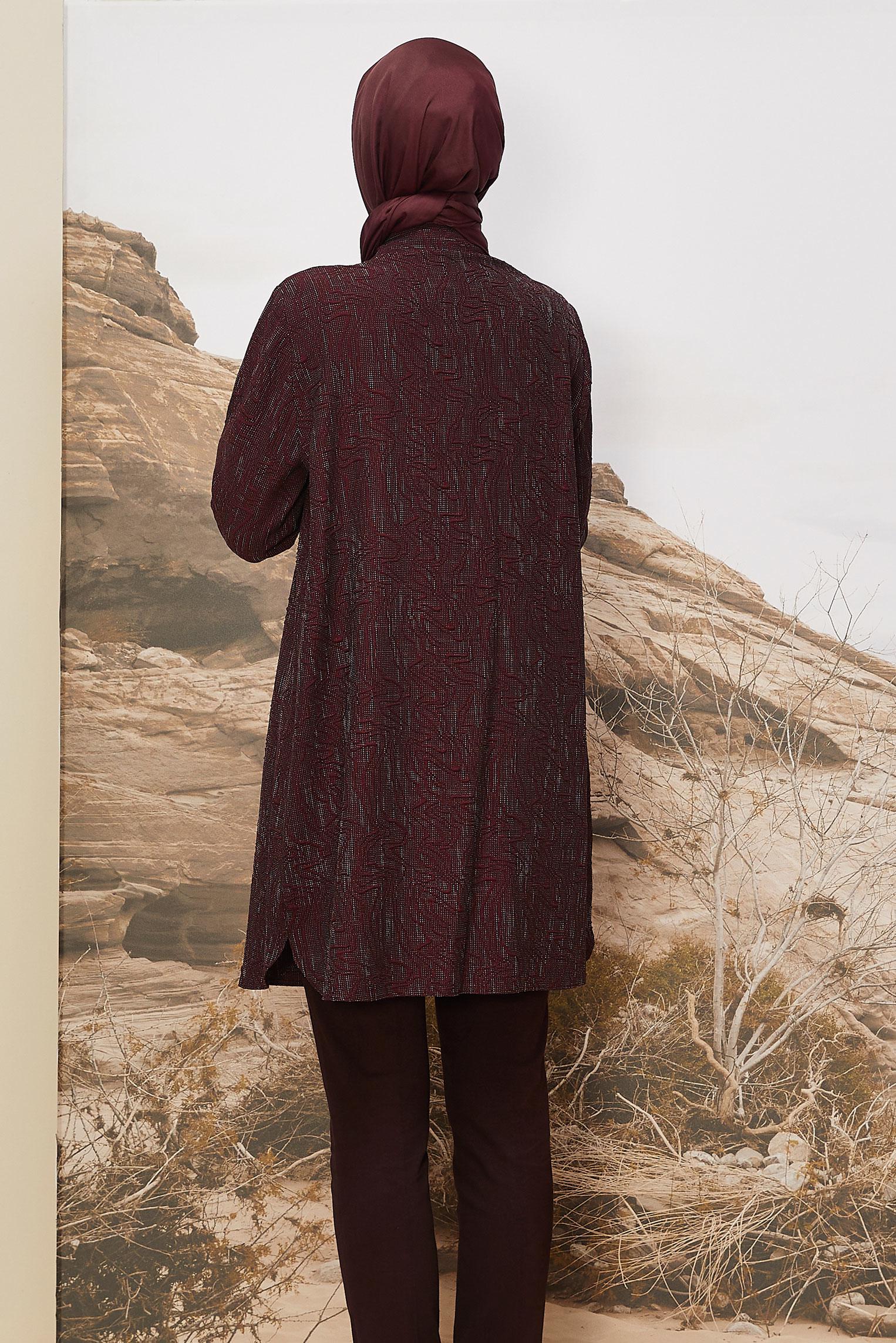 Tesettür giyim BORDO SUNİ DERİ DETAYLI TUNİK 46124