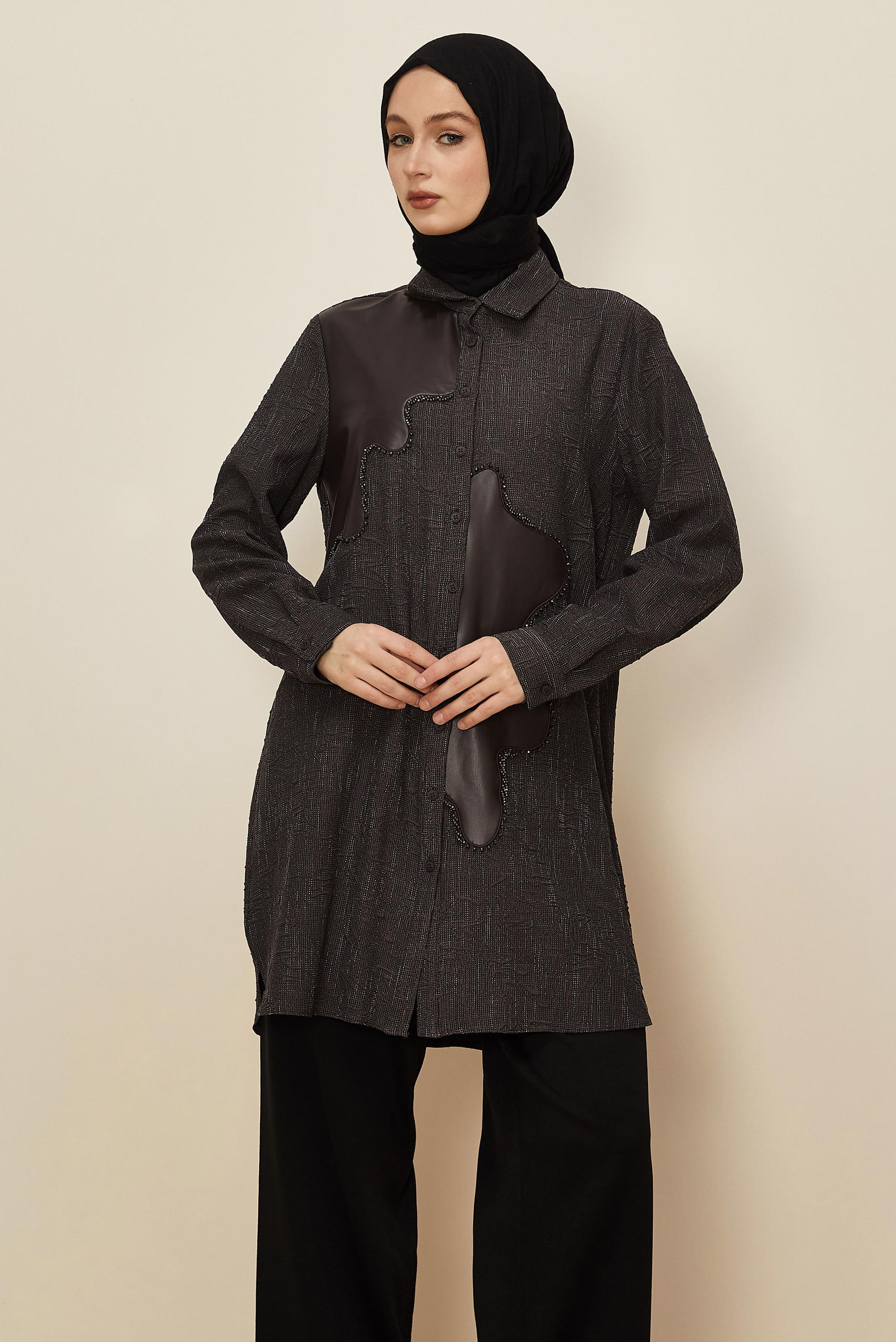 Tesettür giyim KAHVE SUNİ DERİ DETAYLI TUNİK 46124