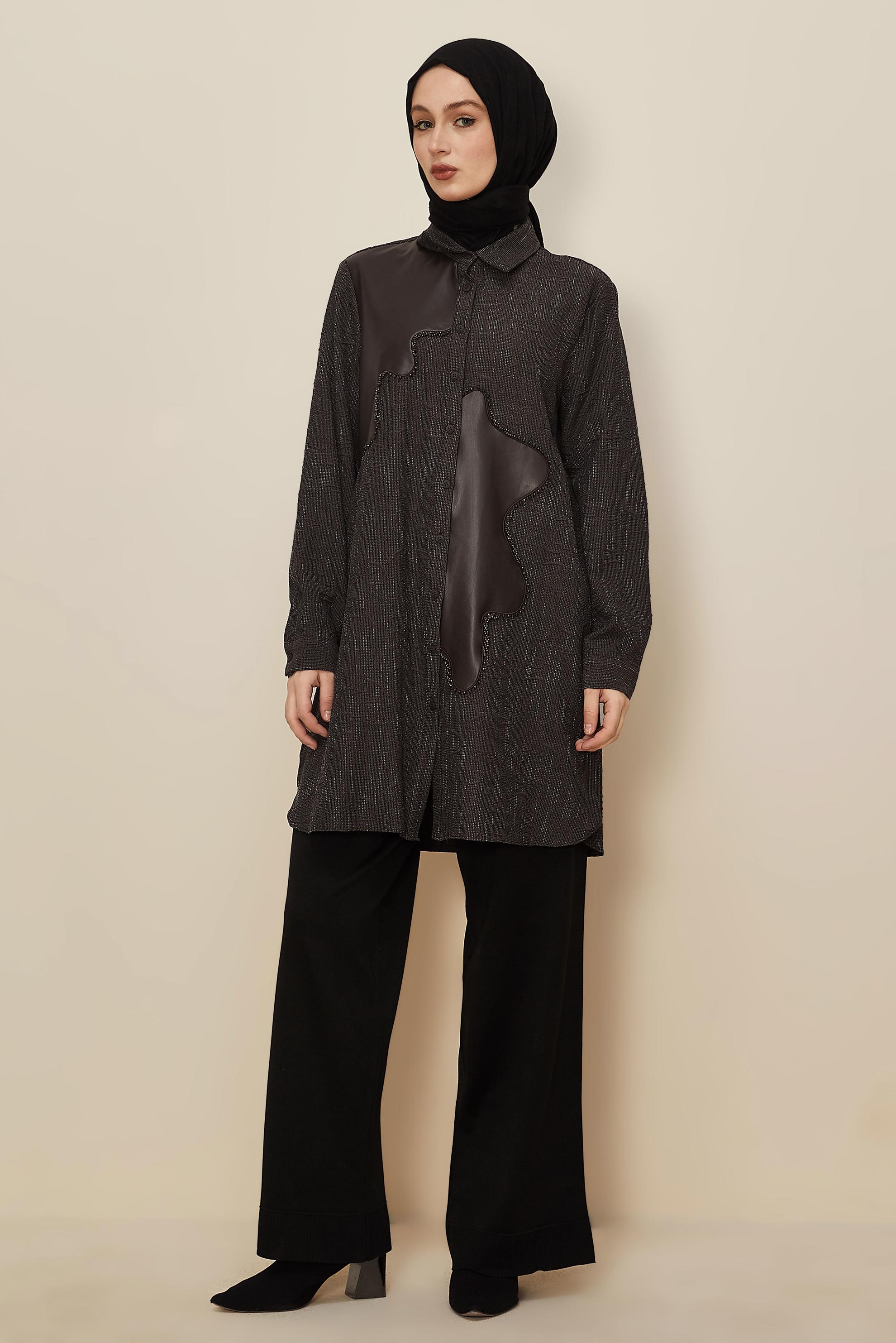 Tesettür giyim KAHVE SUNİ DERİ DETAYLI TUNİK 46124