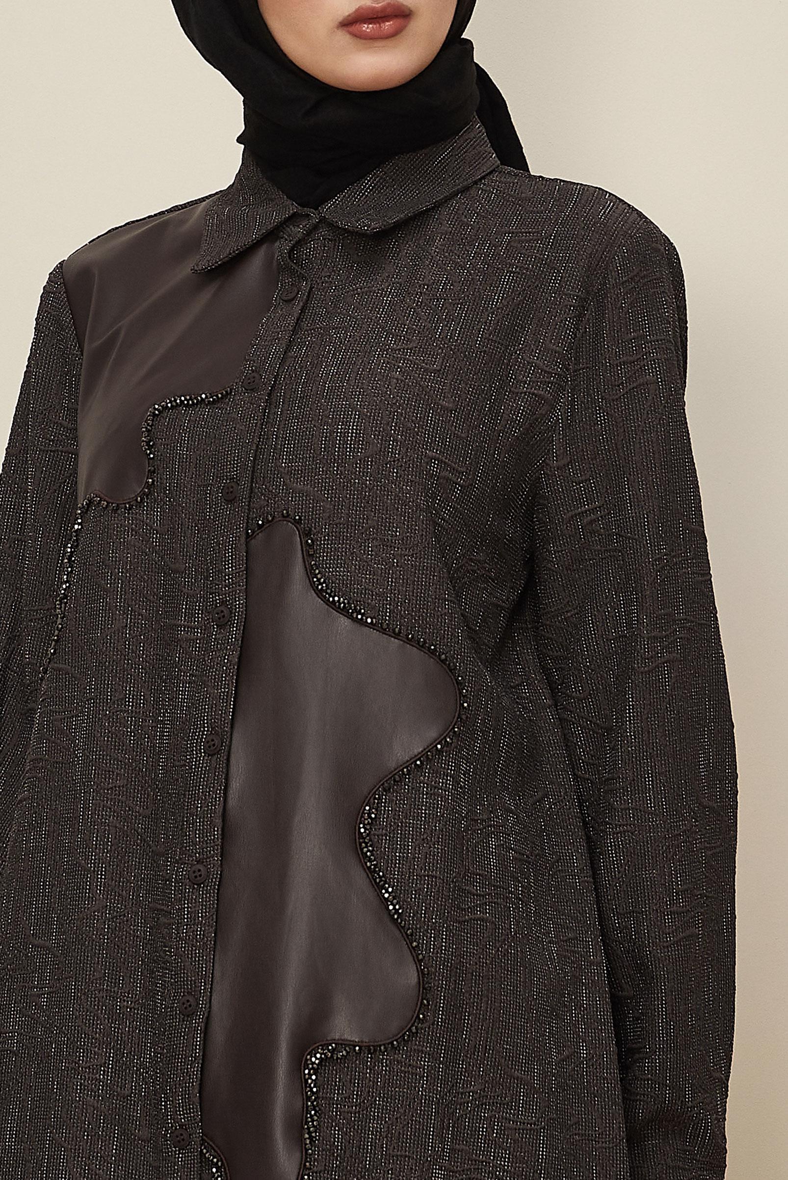 Tesettür giyim KAHVE SUNİ DERİ DETAYLI TUNİK 46124