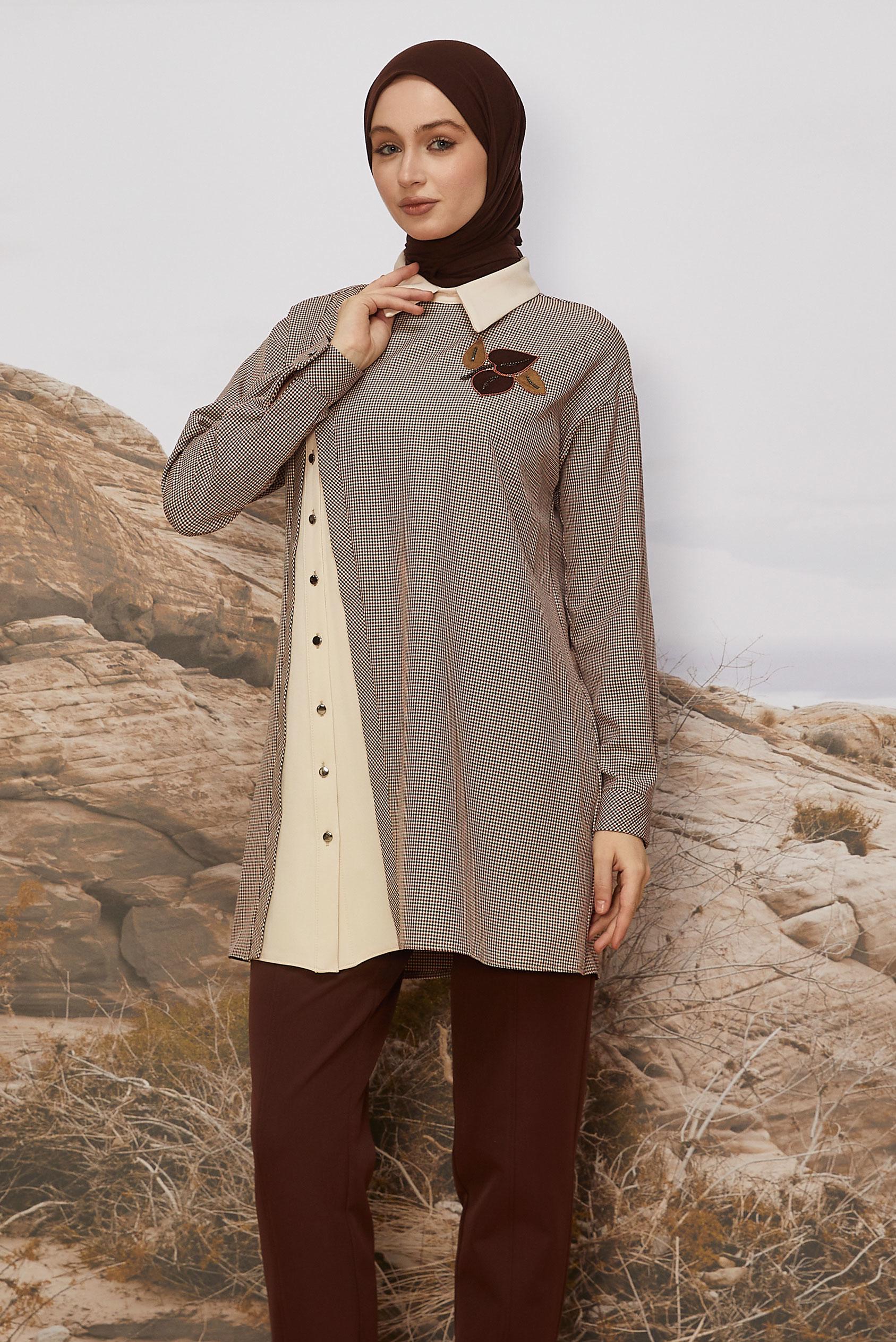 Tesettür giyim KIRMIZI GÖMLEK YAKA EKOSE TUNİK 46125