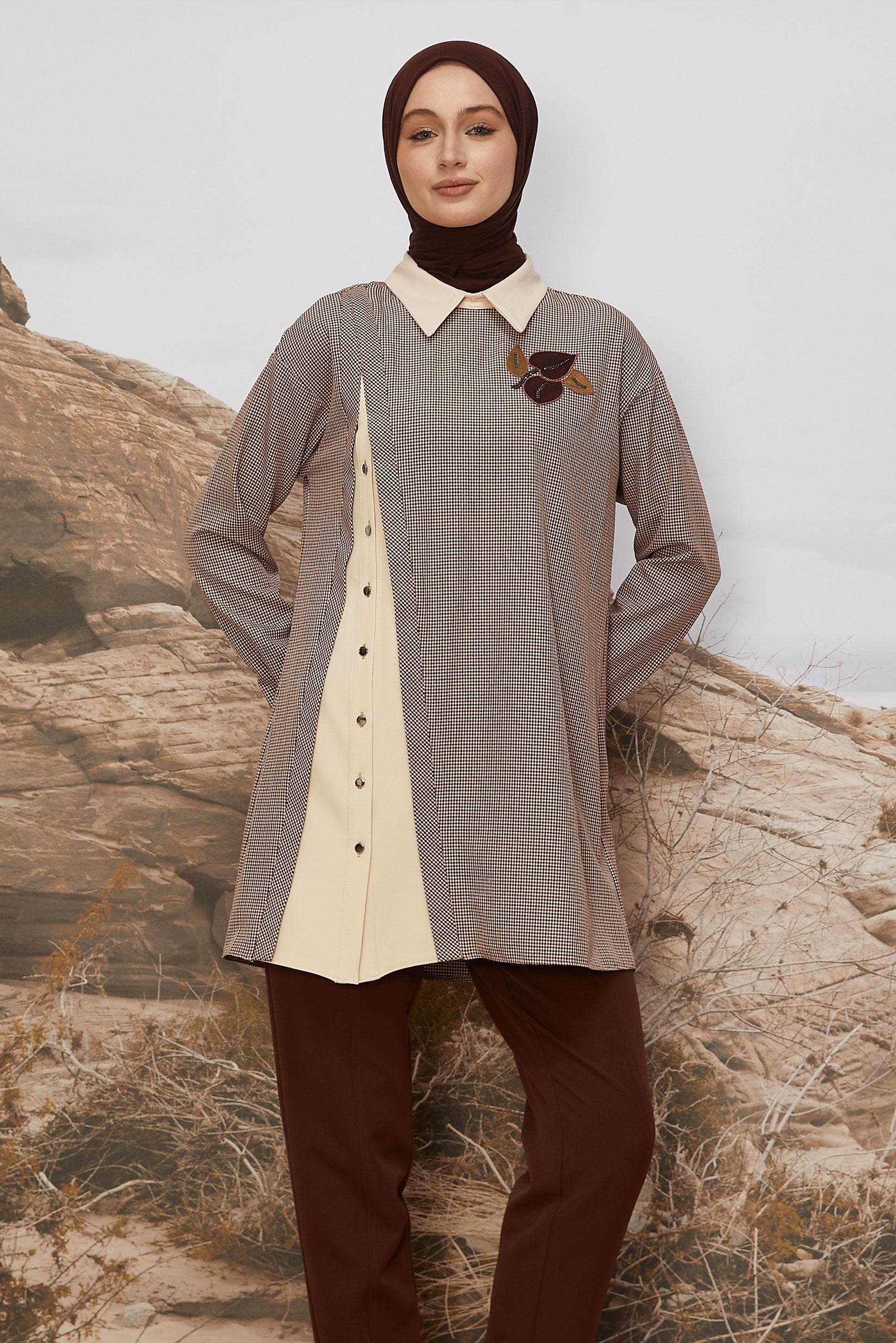 Tesettür giyim KIRMIZI GÖMLEK YAKA EKOSE TUNİK 46125