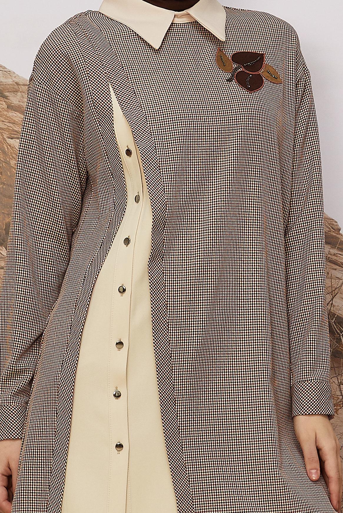 Tesettür giyim KIRMIZI GÖMLEK YAKA EKOSE TUNİK 46125