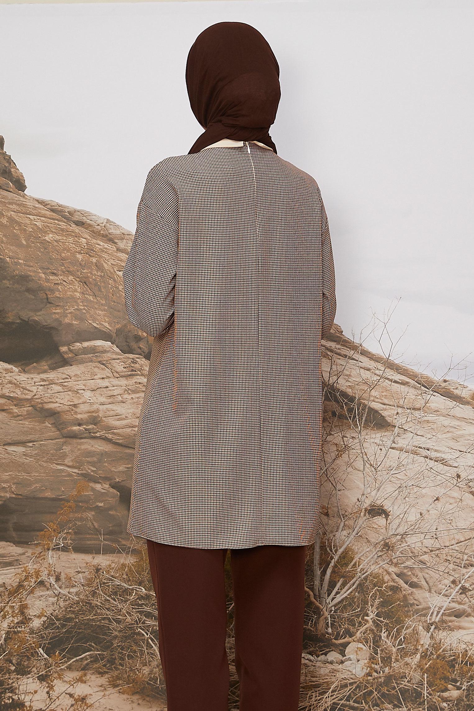 Tesettür giyim KIRMIZI GÖMLEK YAKA EKOSE TUNİK 46125