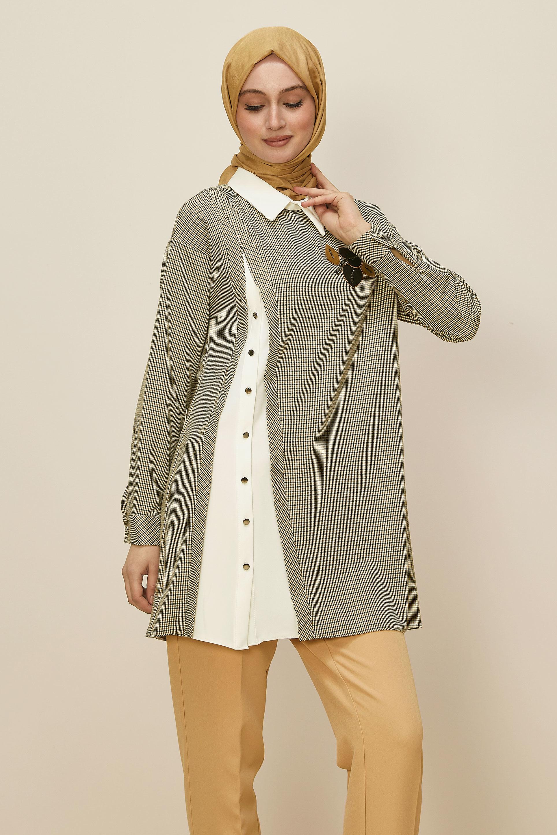 Tesettür giyim KAHVE GÖMLEK YAKA EKOSE TUNİK 46125