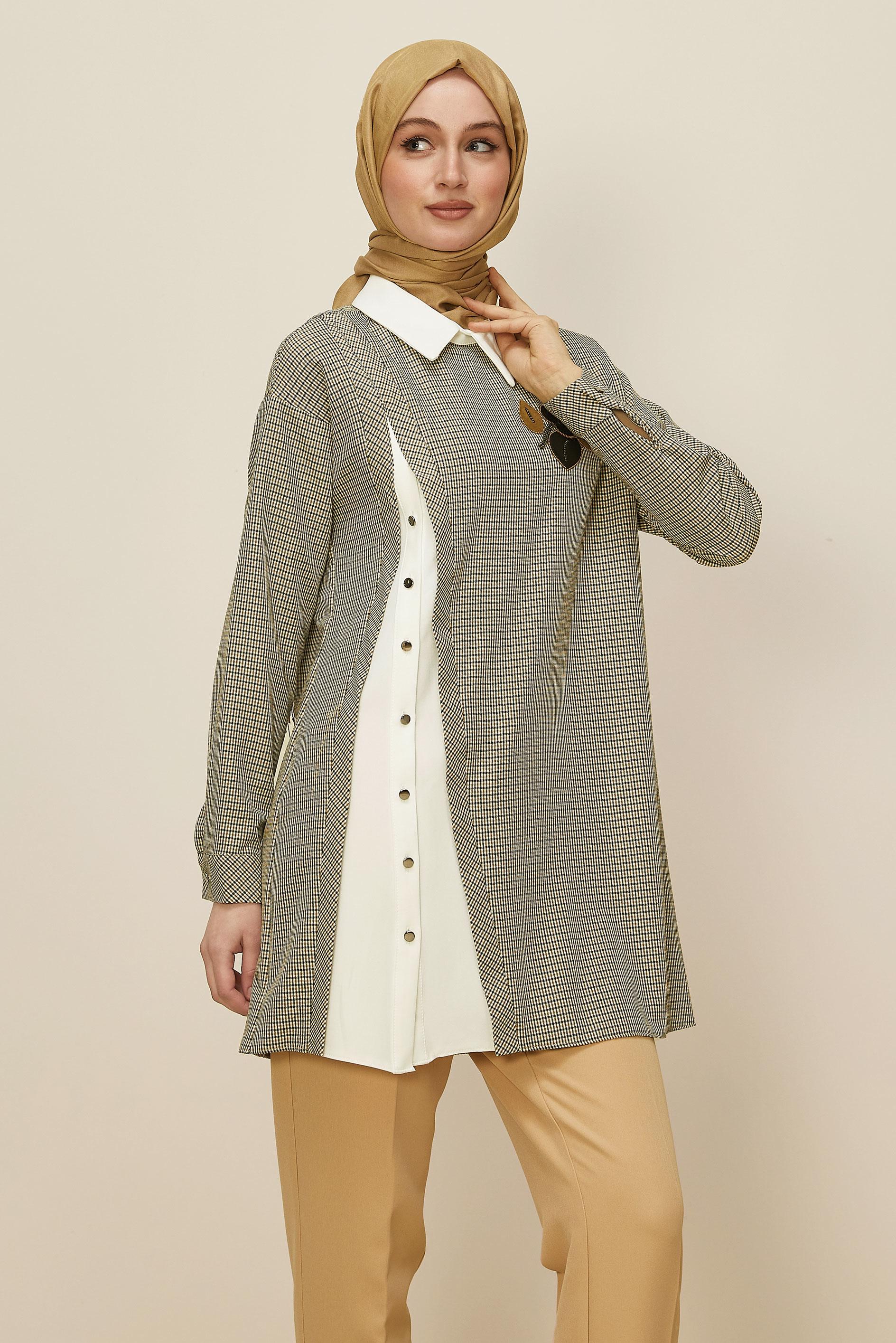 Tesettür giyim KAHVE GÖMLEK YAKA EKOSE TUNİK 46125