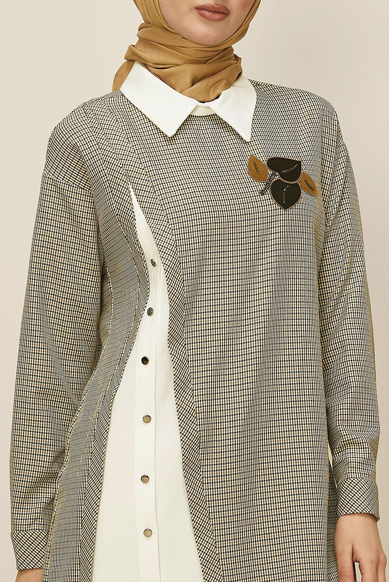 Tesettür giyim KAHVE GÖMLEK YAKA EKOSE TUNİK 46125