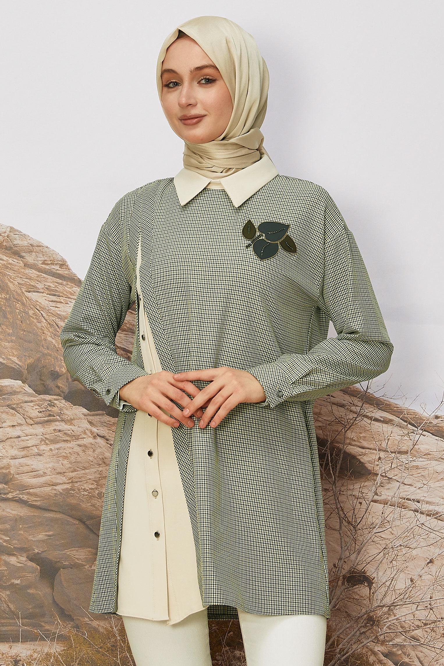 Tesettür giyim HAKİ GÖMLEK YAKA EKOSE TUNİK 46125